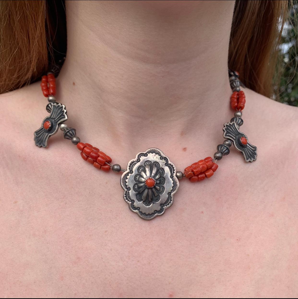 Hand Made Coral & Silver Necklace In Excellent Condition In Carlsbad, CA