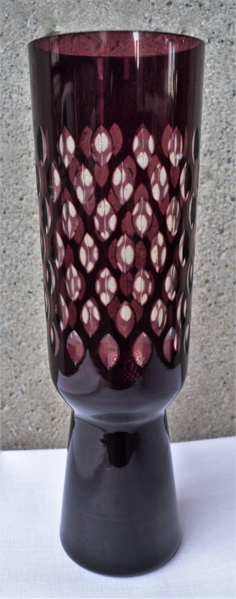 Handmade Czech Vintage Bohemian Optic Glass Vase Amethyst Purple Cased Clear For Sale at 1stDibs