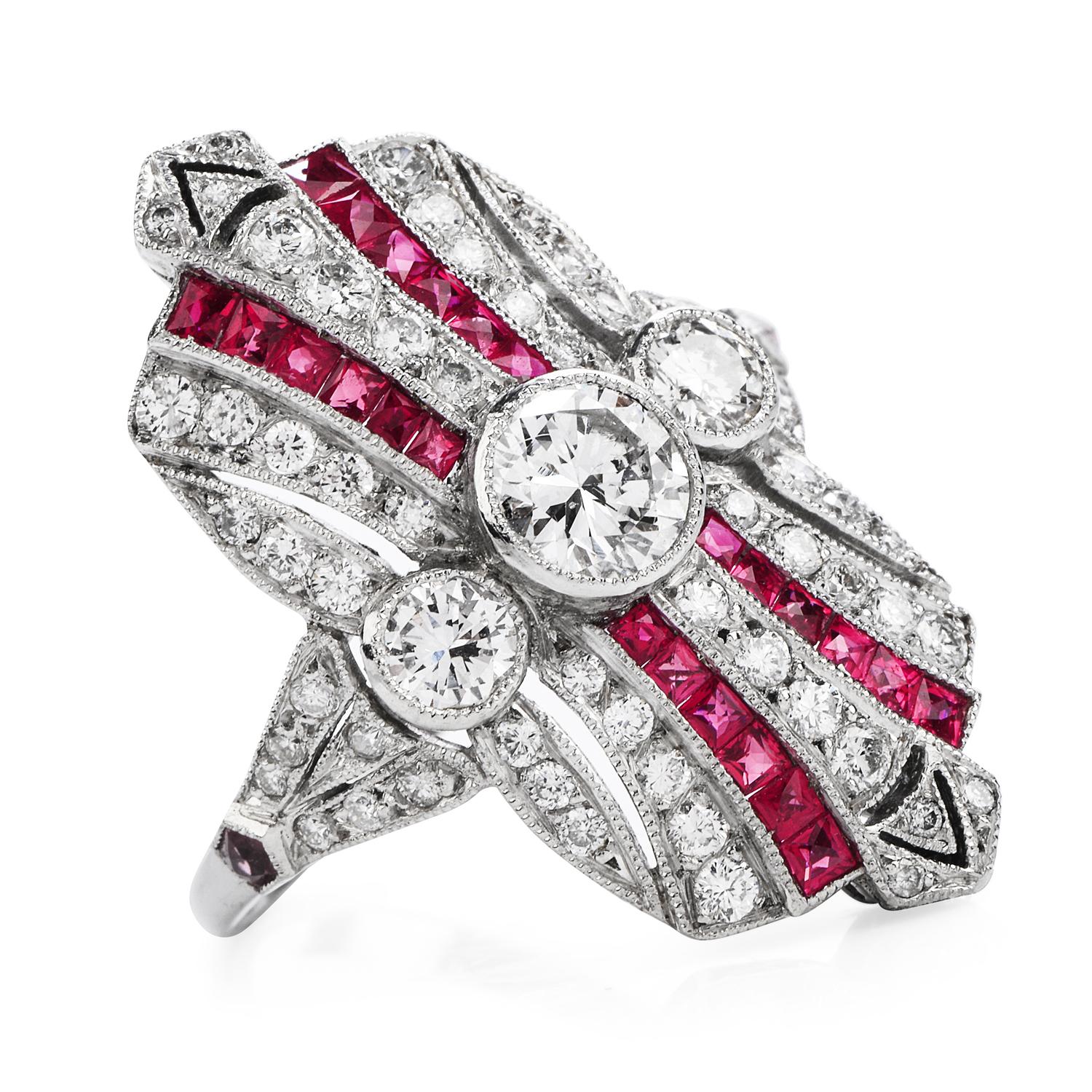 he Magnificent contrast between Diamonds and Rubies Make this Art Deco style Cocktail ring, an exquisite acquisition.

Adorning the center of this Shield Shaped design, are three round cut diamond weighing approx. 0.90 carats, G-H  color,