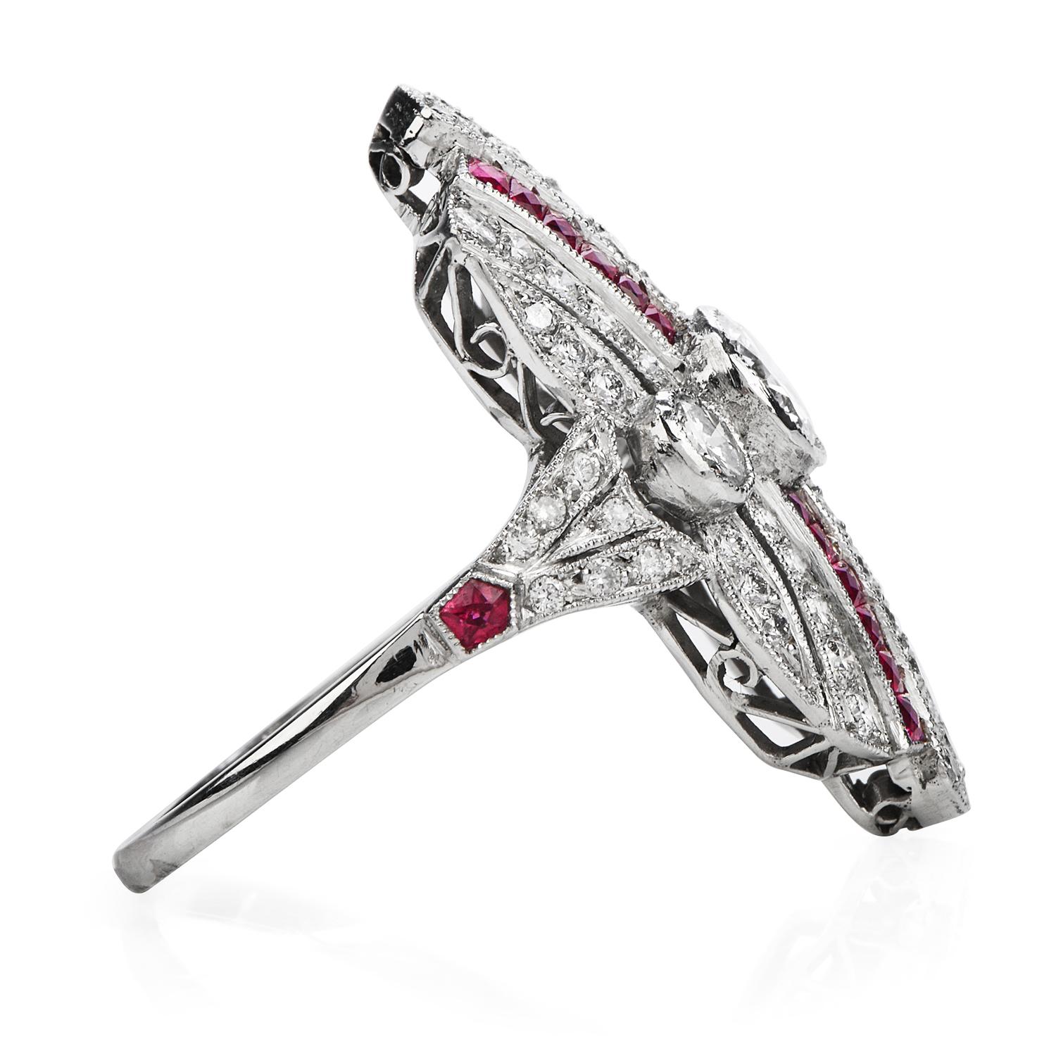 Art Deco Handmade Diamond Ruby Platinum Shield Cocktail Ring