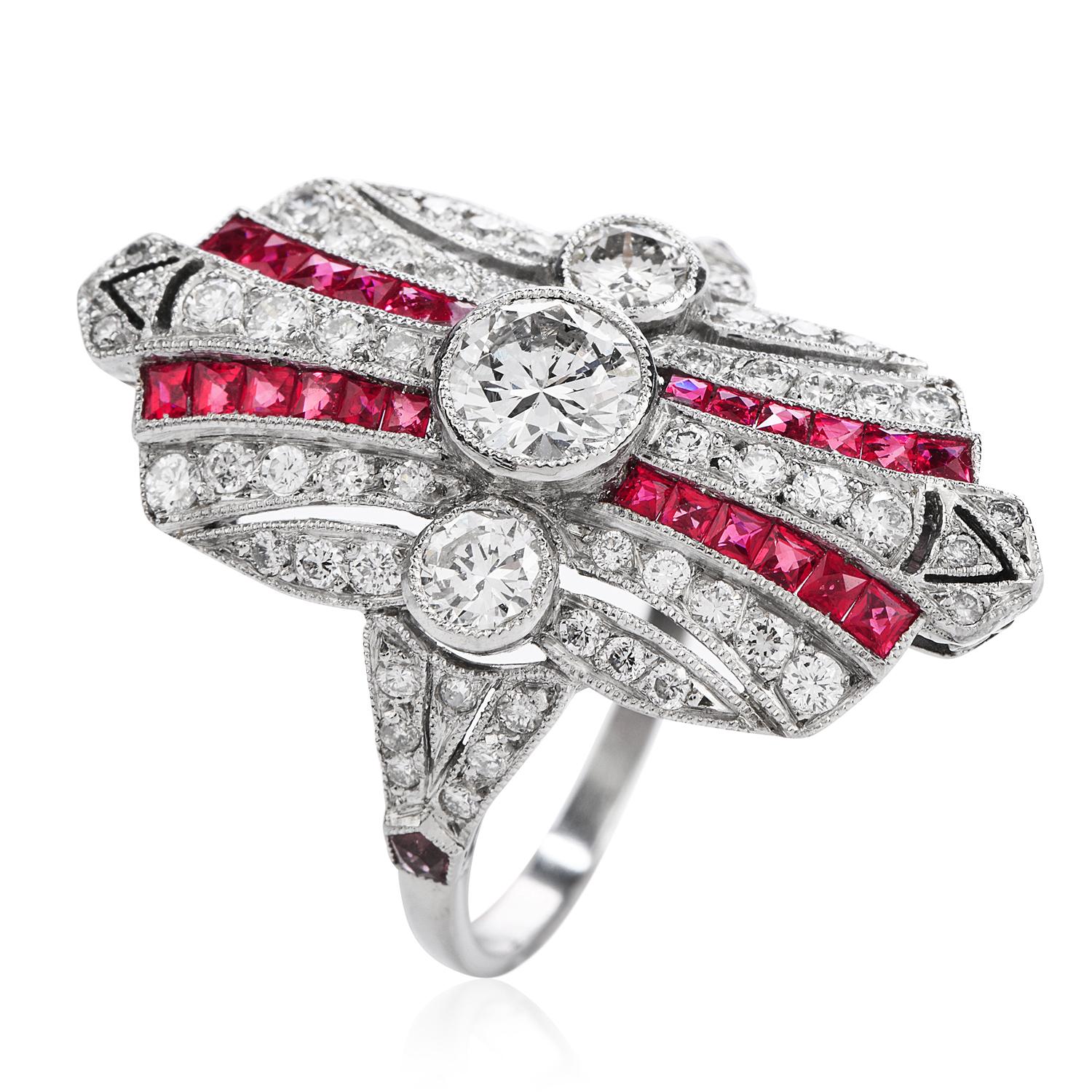 Handmade Diamond Ruby Platinum Shield Cocktail Ring In Excellent Condition In Miami, FL