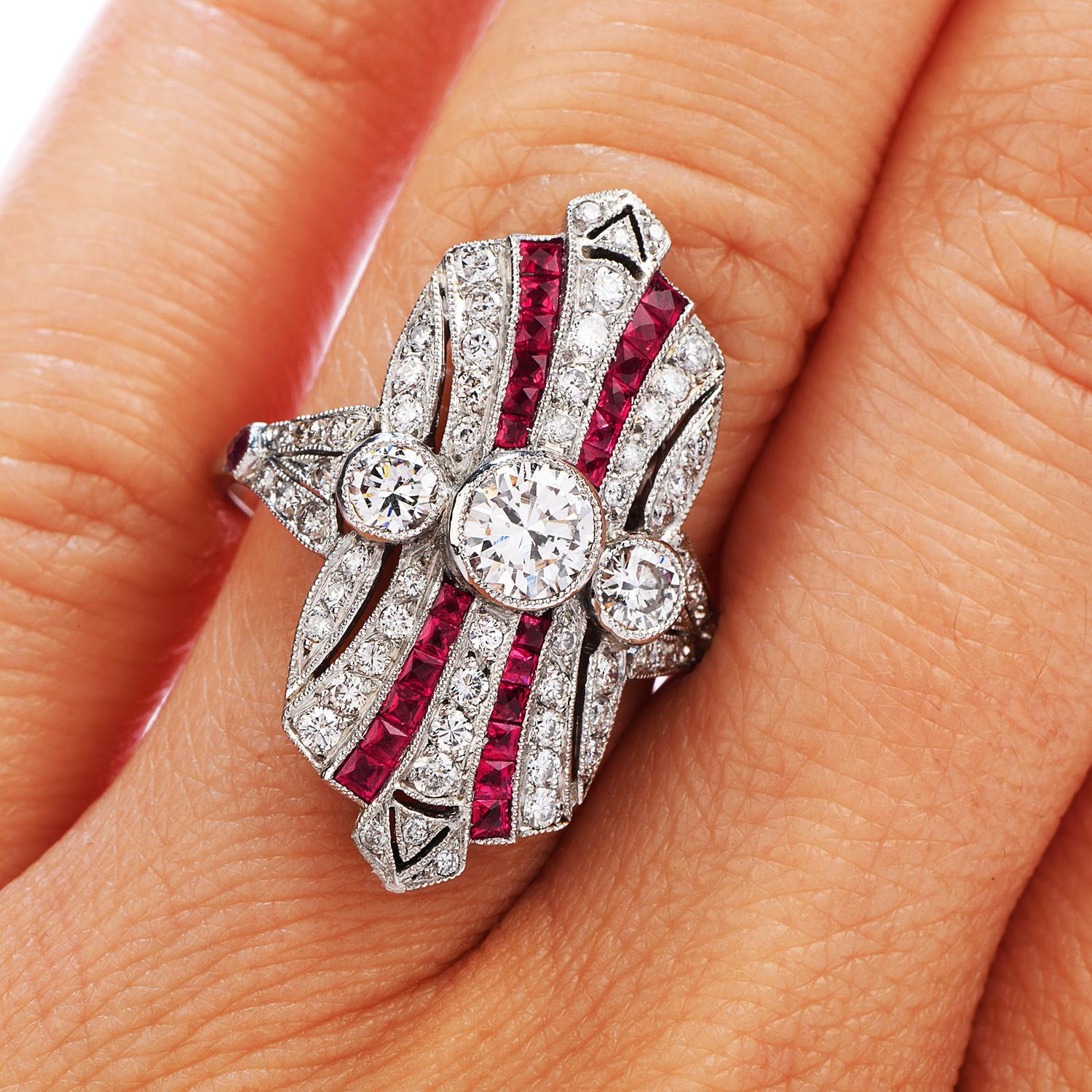Women's Handmade Diamond Ruby Platinum Shield Cocktail Ring