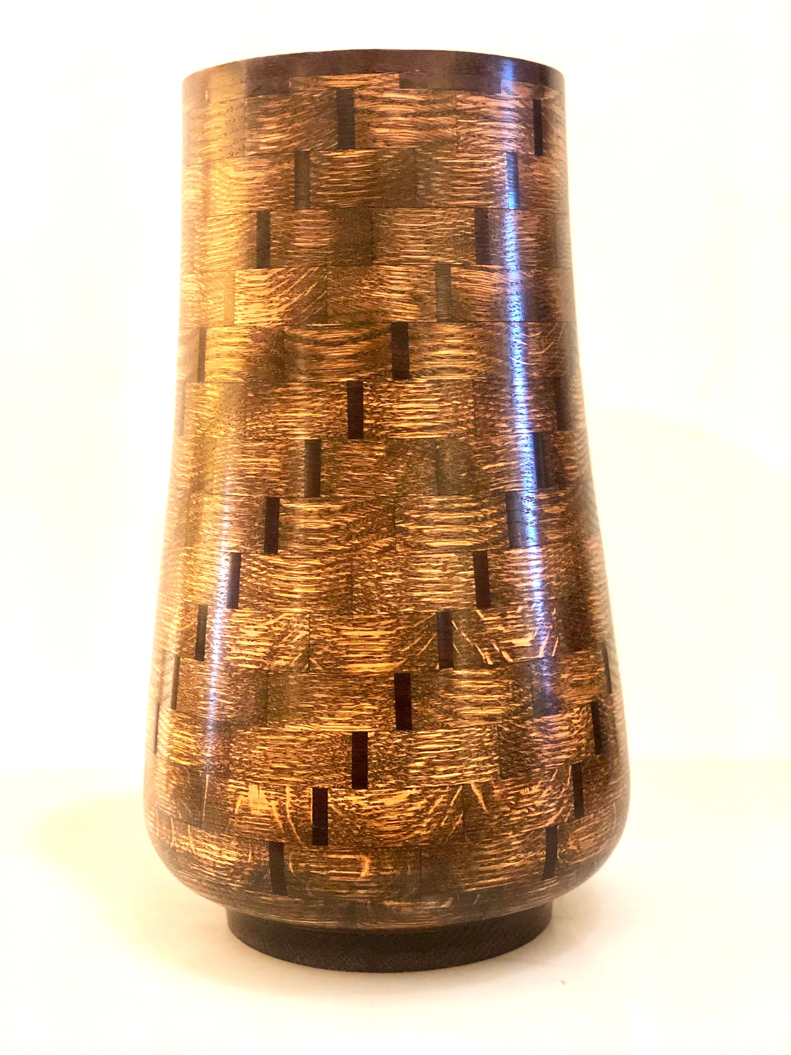 Handmade ebonized red oak & purple heart tall wood vase signed & dated, beautiful piece of art in great condition.