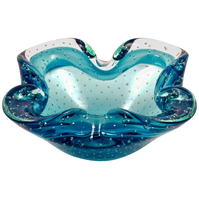 Hand Made Electric Blue and Clear Bubble Art Glass Ashtray, circa 1960s