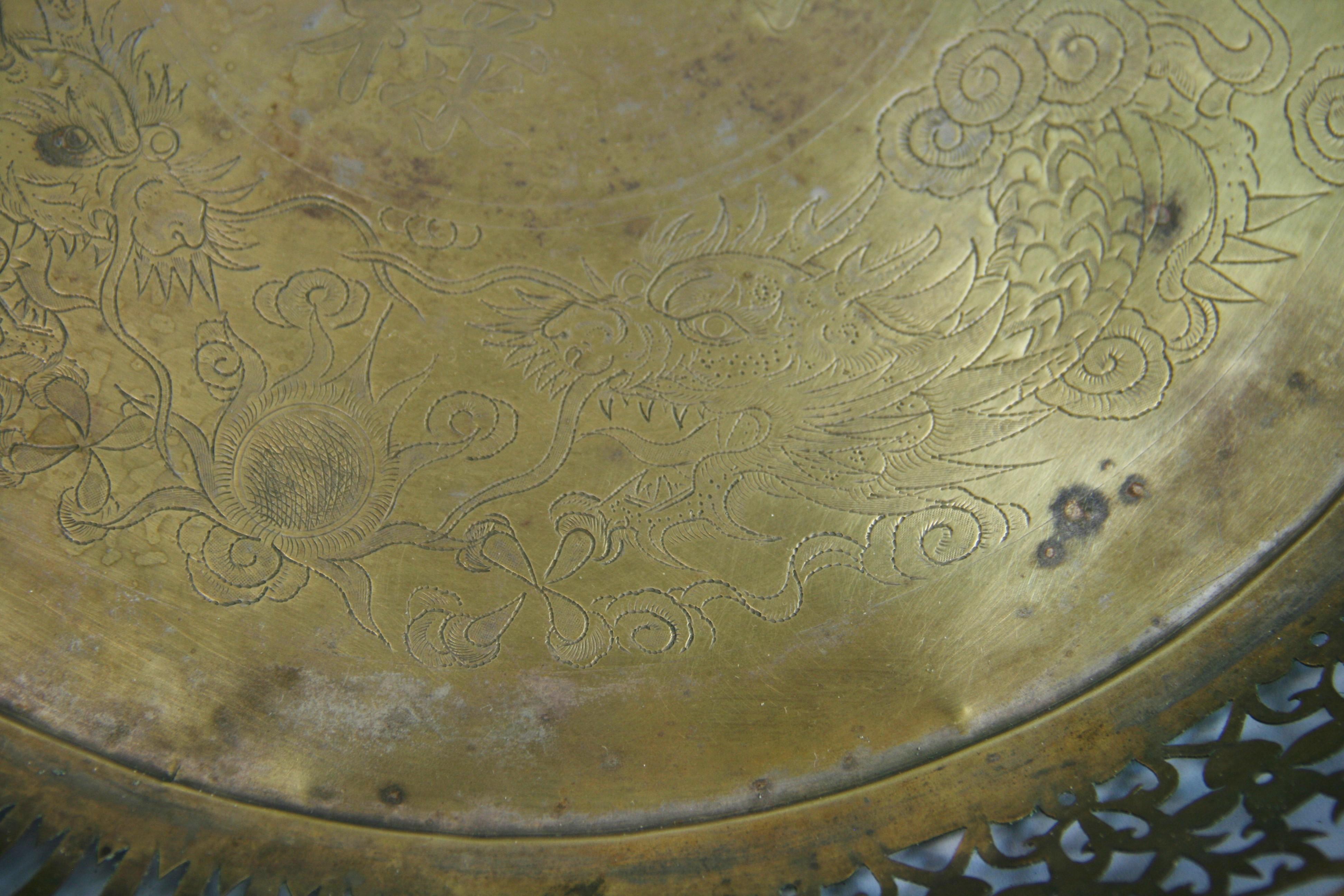 Hand Made Embossed Brass Tray For Sale 7