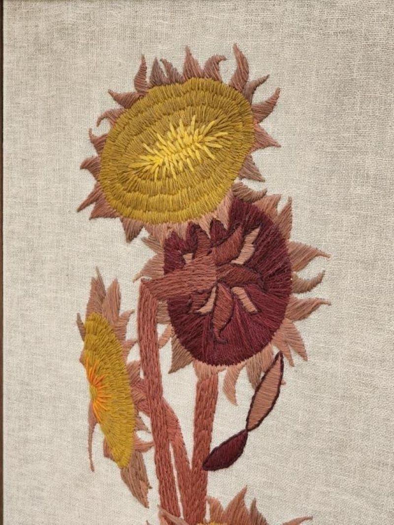 Hand Made Embroidered Sunflower Wall art Piece with a linen fabric background.  Measures approx 51 x 19
