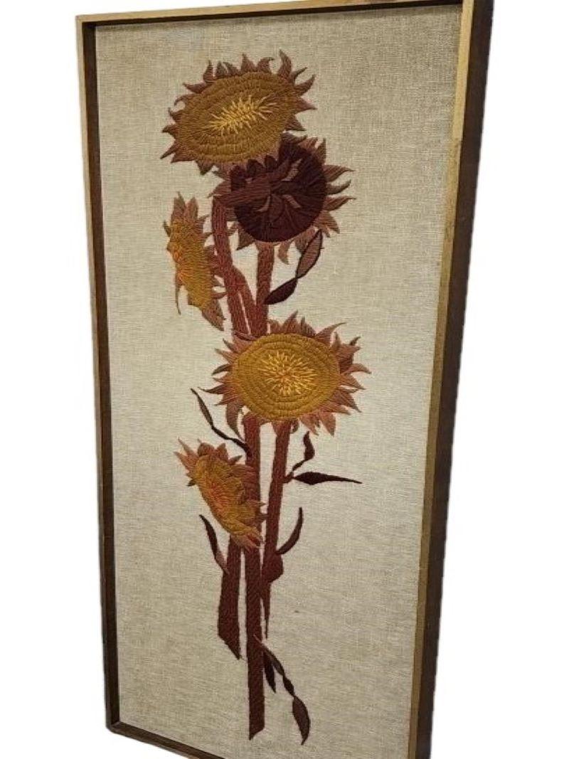 Hand Made Embroidered Sunflower Wall art Piece In Good Condition In Pasadena, CA