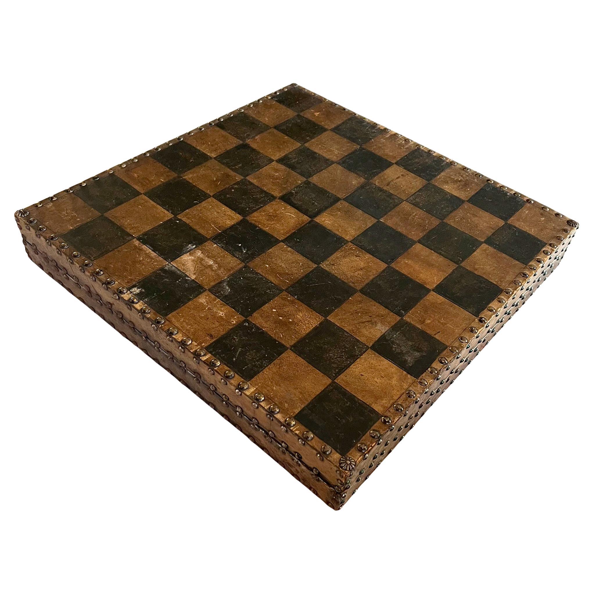 Mid-Century Modern Hand Made European Studded Leather Case Chessboard with Hand Painted Game Pieces For Sale