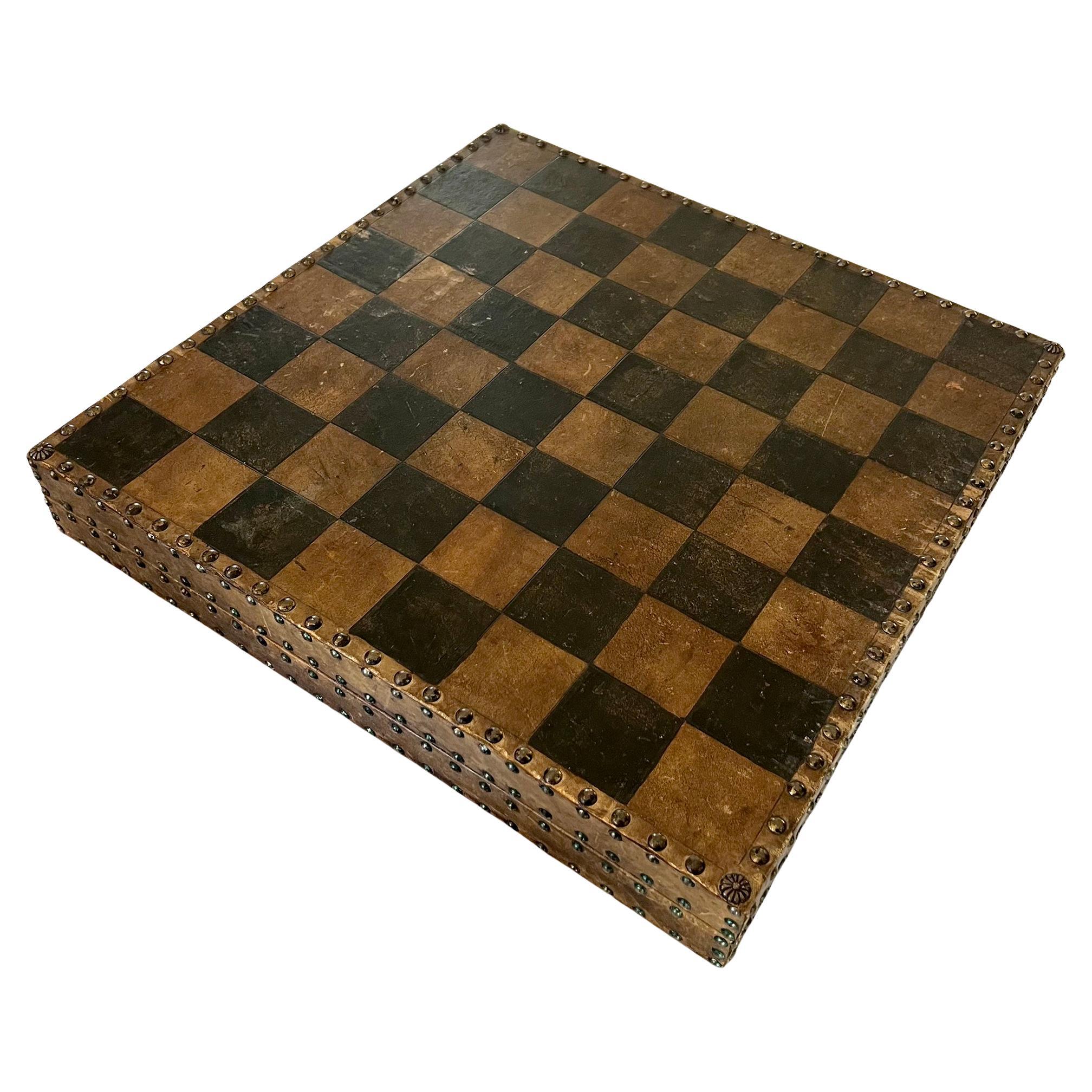 Hand Made European Studded Leather Case Chessboard with Hand Painted Game Pieces For Sale 2