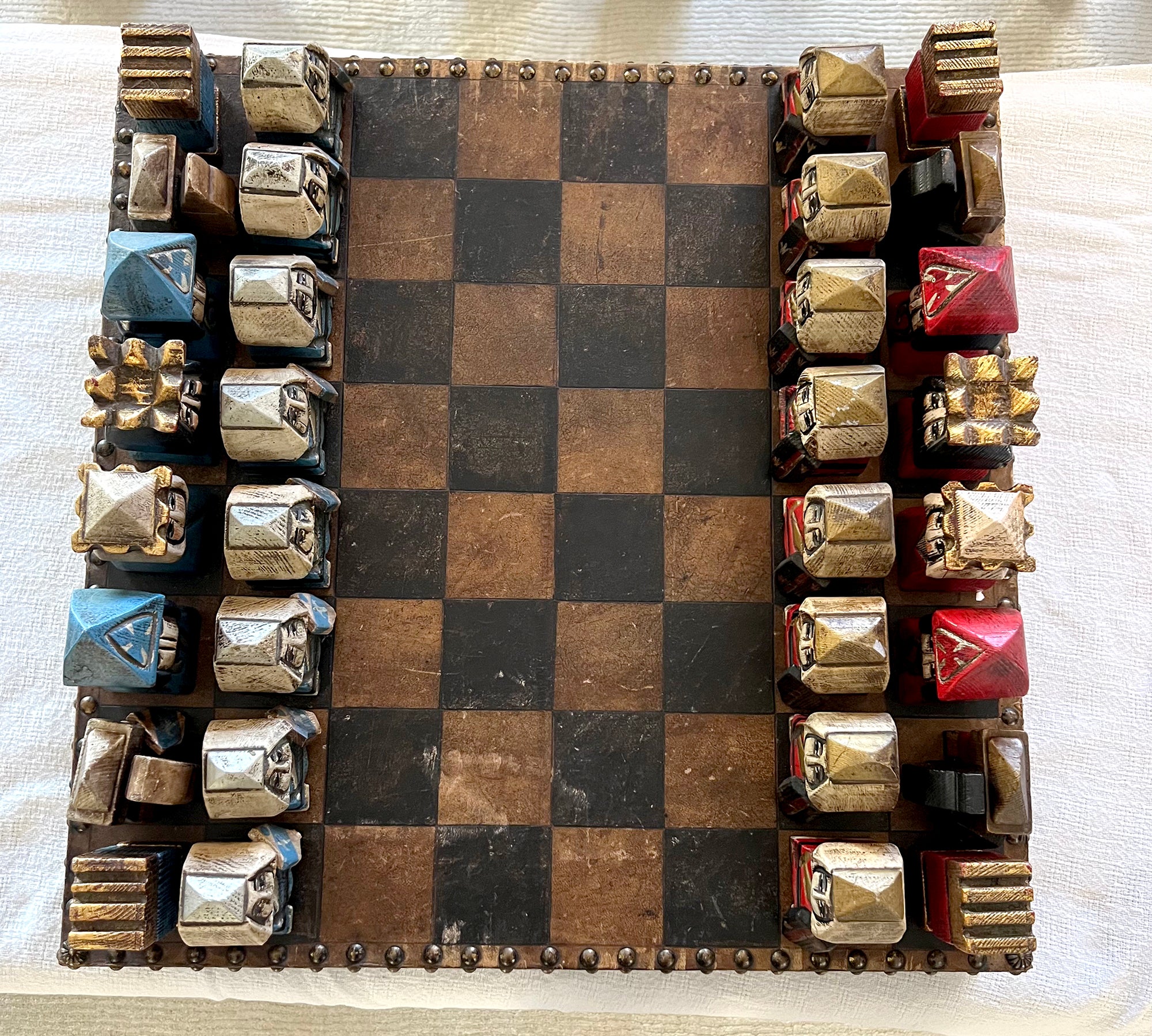 Hand Made European Studded Leather Case Chessboard with Hand Painted Game Pieces For Sale 3