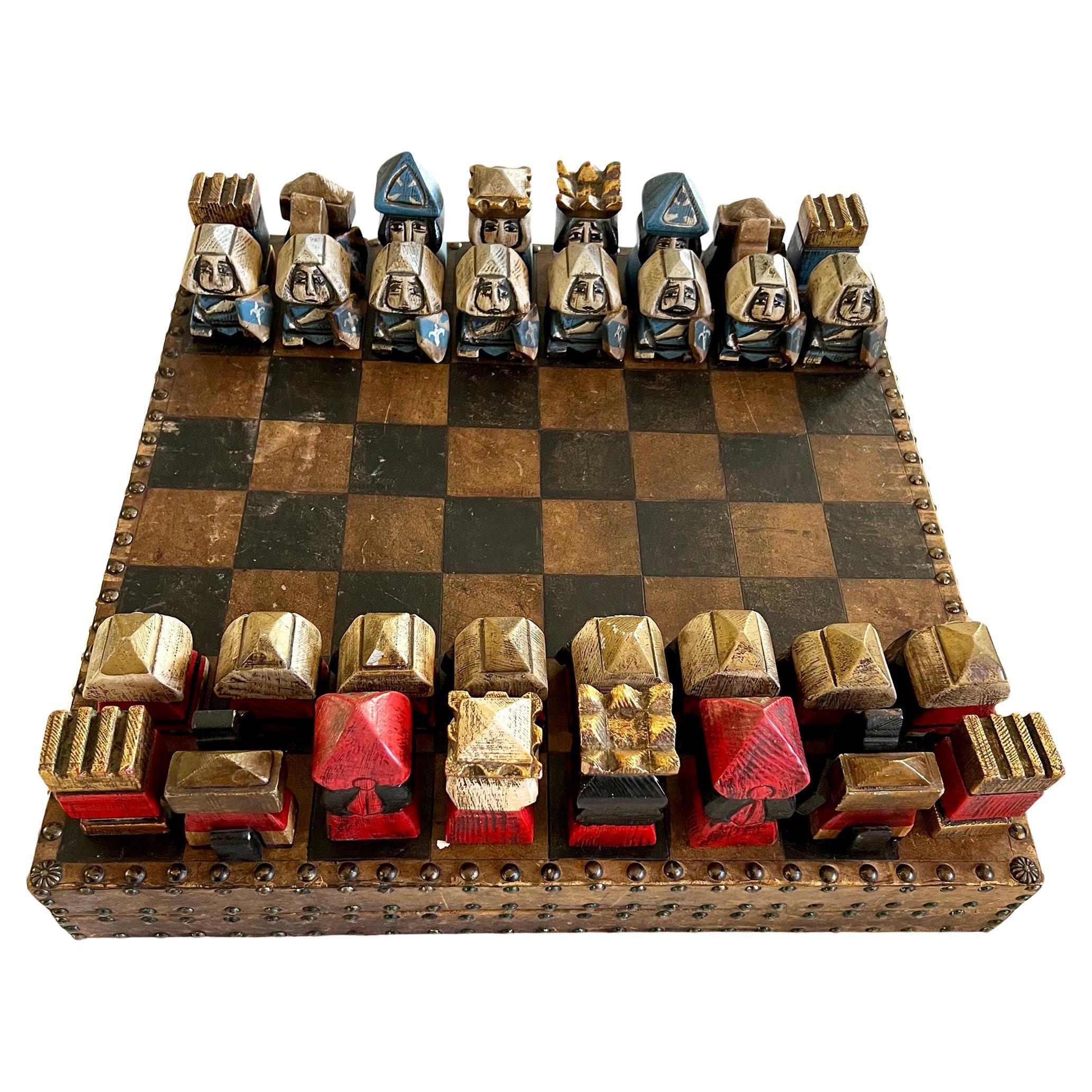Hand Made European Studded Leather Case Chessboard with Hand Painted Game Pieces For Sale