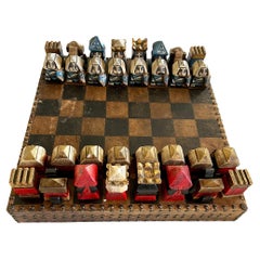 Hand Made European Studded Leather Case Chessboard with Hand Painted Game Pieces