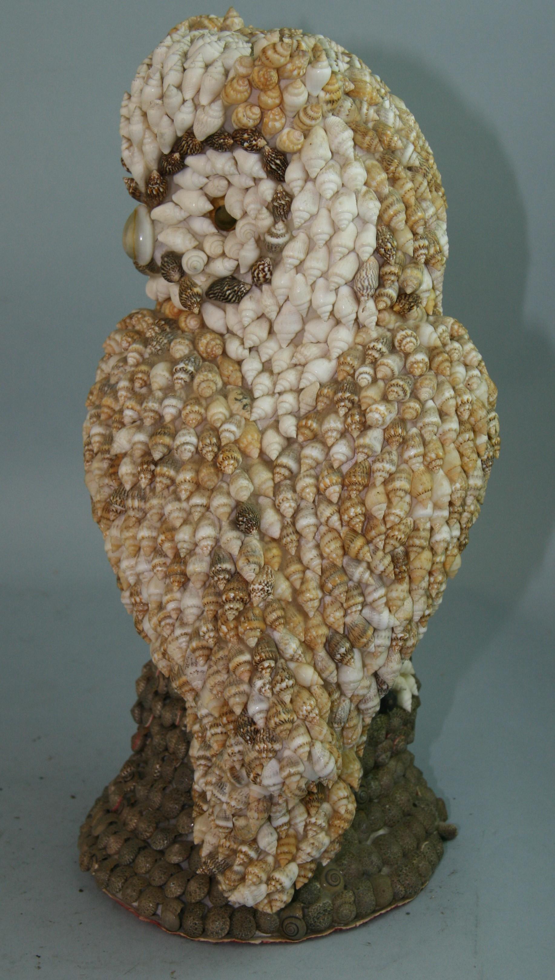 Hand Made Folk Art Shell Owl Sculpture In Good Condition In Douglas Manor, NY