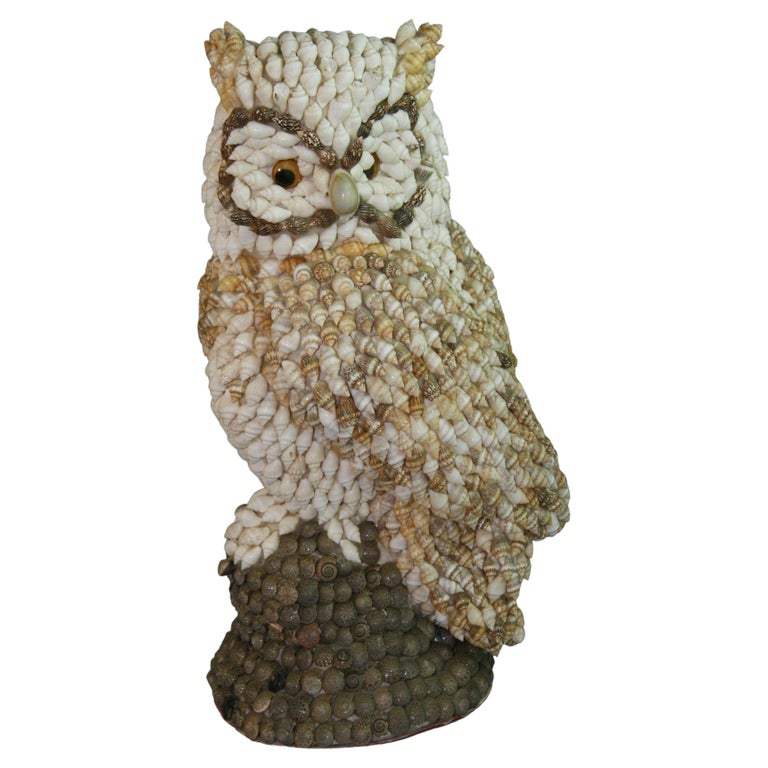 Hand Made Folk Art Shell Owl Sculpture For Sale