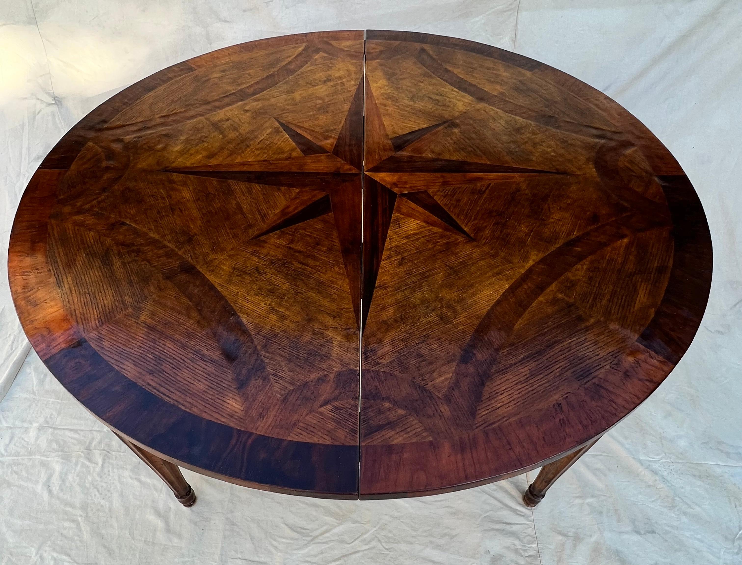 Hand Made French Expandable Multi-wood Inlay Dining Table with Eight Point Star 5