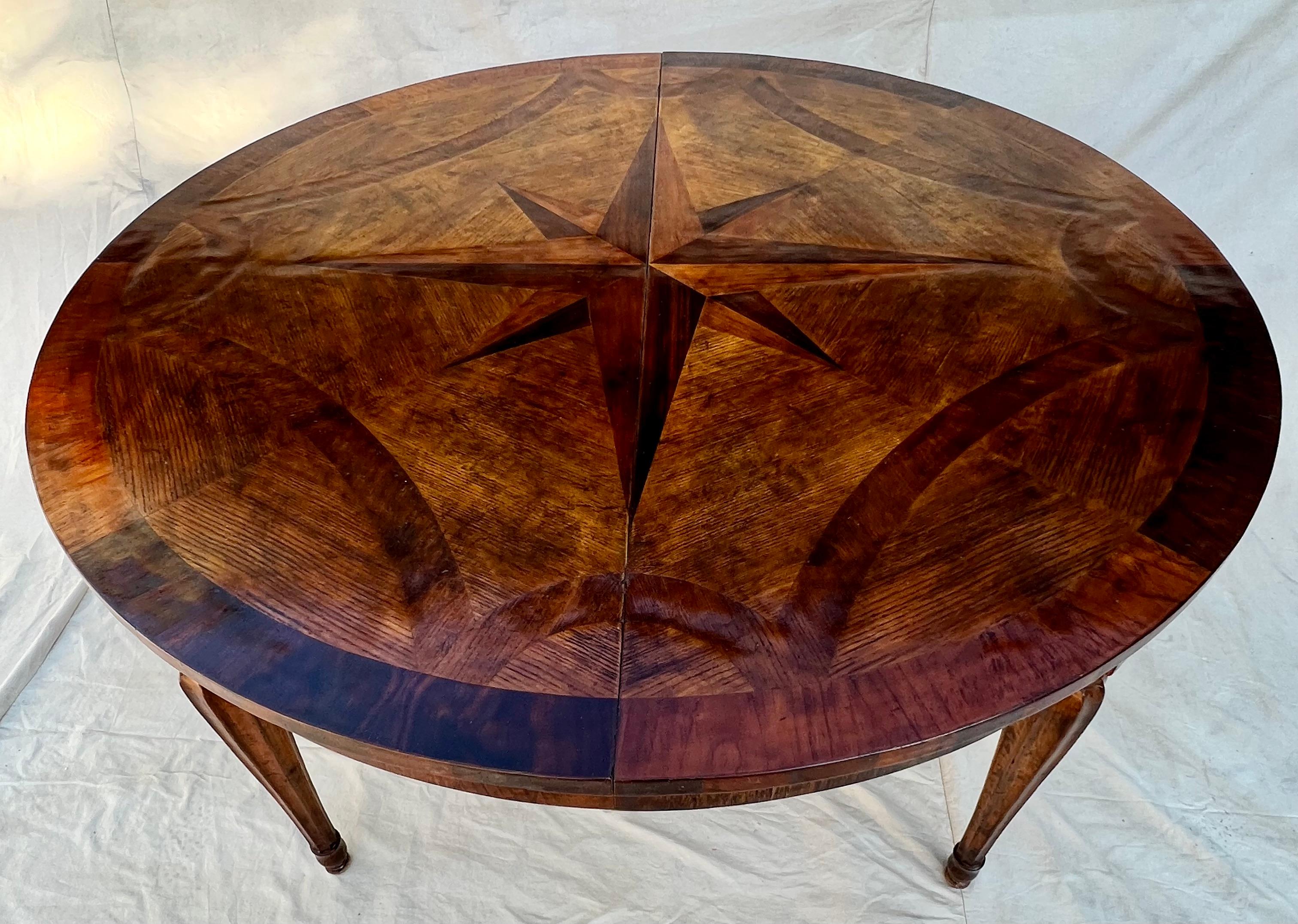 Hand Made French Expandable Multi-wood Inlay Dining Table with Eight Point Star 6