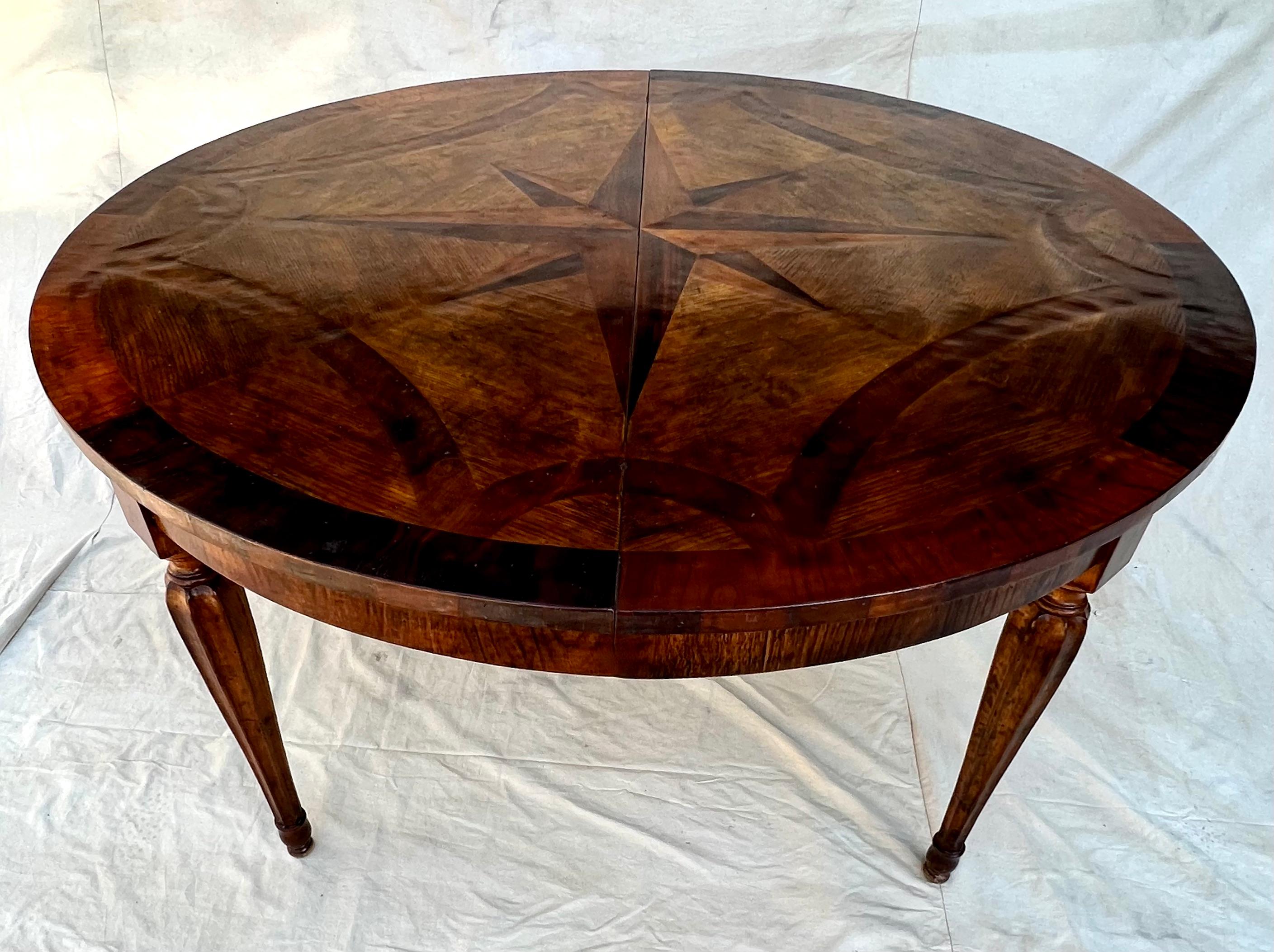 Hand Made French Expandable Multi-wood Inlay Dining Table with Eight Point Star 7