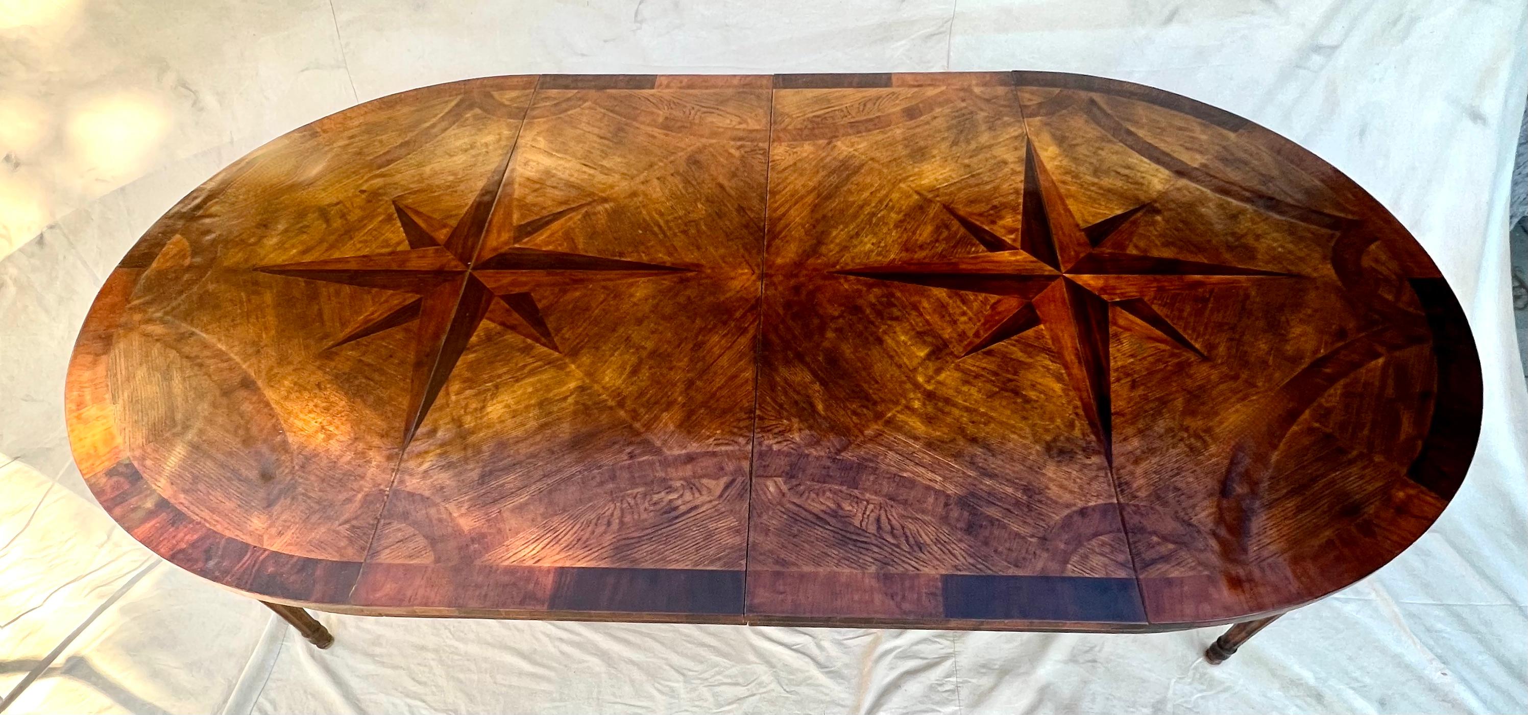 Hand Made French Expandable Multi-wood Inlay Dining Table with Eight Point Star 8