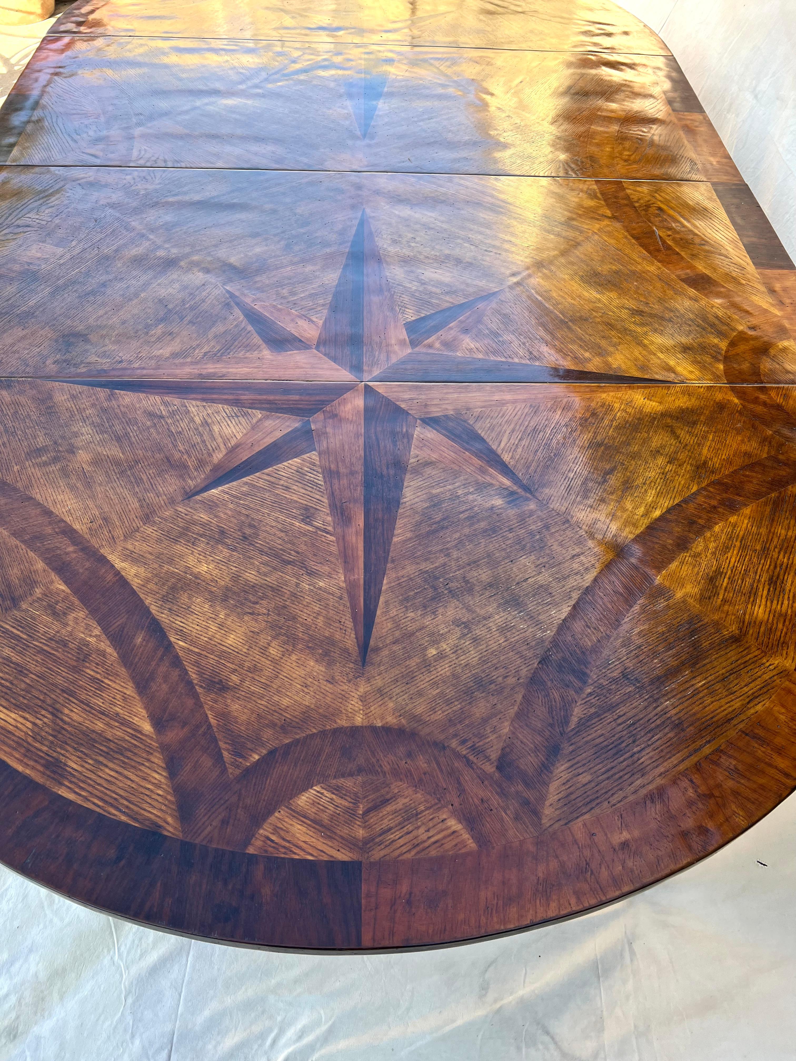 Hand Made French Expandable Multi-wood Inlay Dining Table with Eight Point Star 9