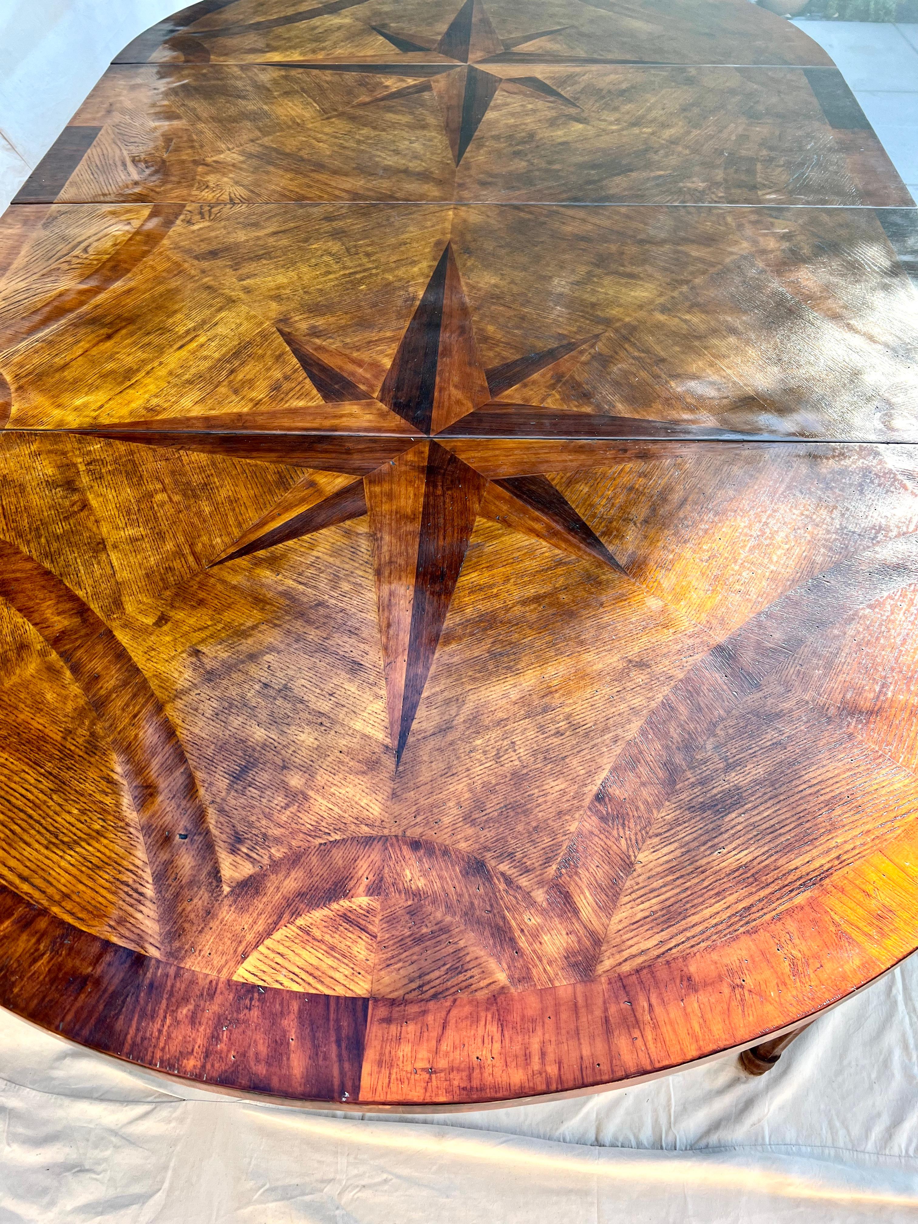 Hand Made French Expandable Multi-wood Inlay Dining Table with Eight Point Star 10