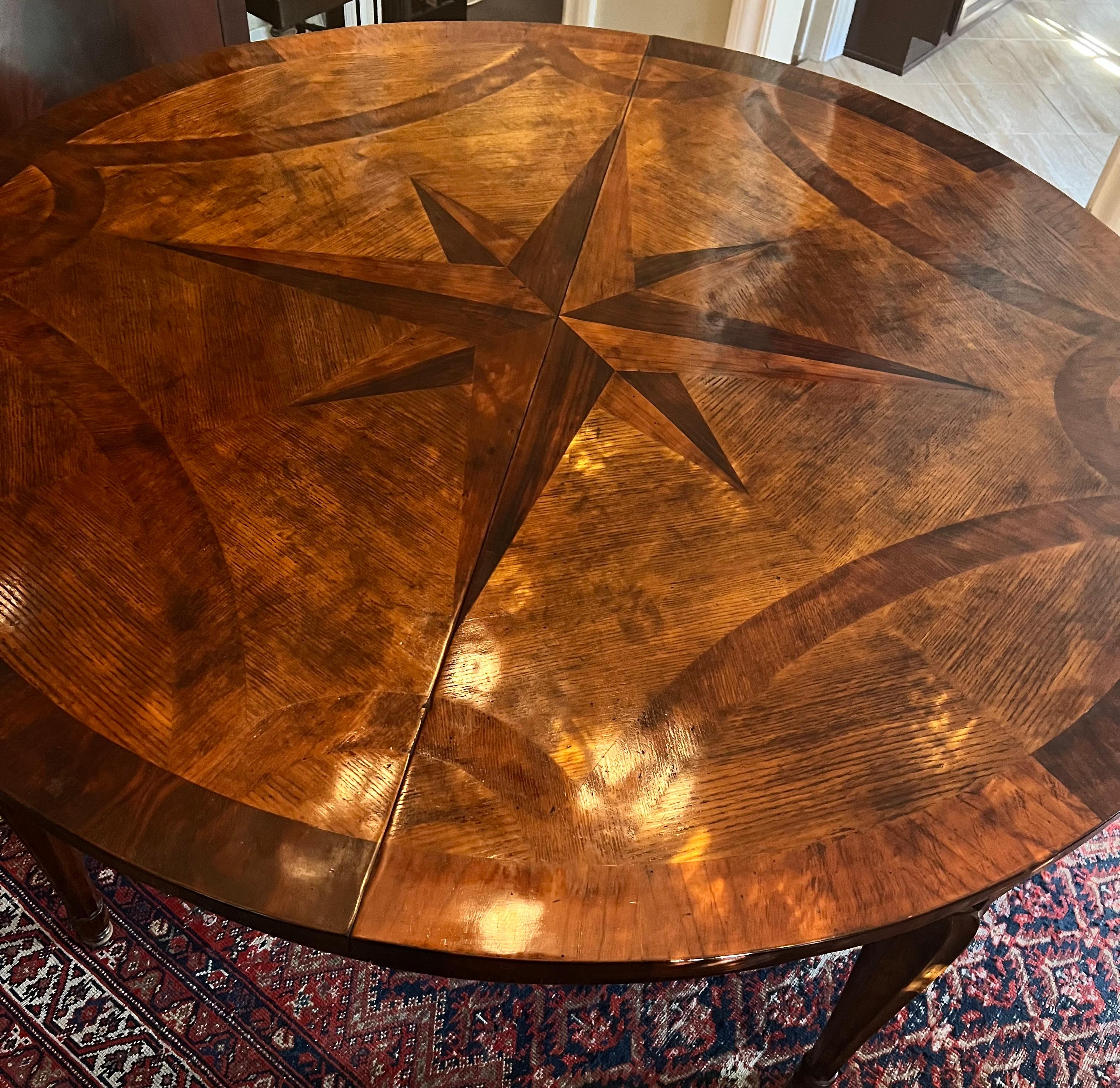 Hand-Crafted Hand Made French Expandable Multi-wood Inlay Dining Table with Eight Point Star