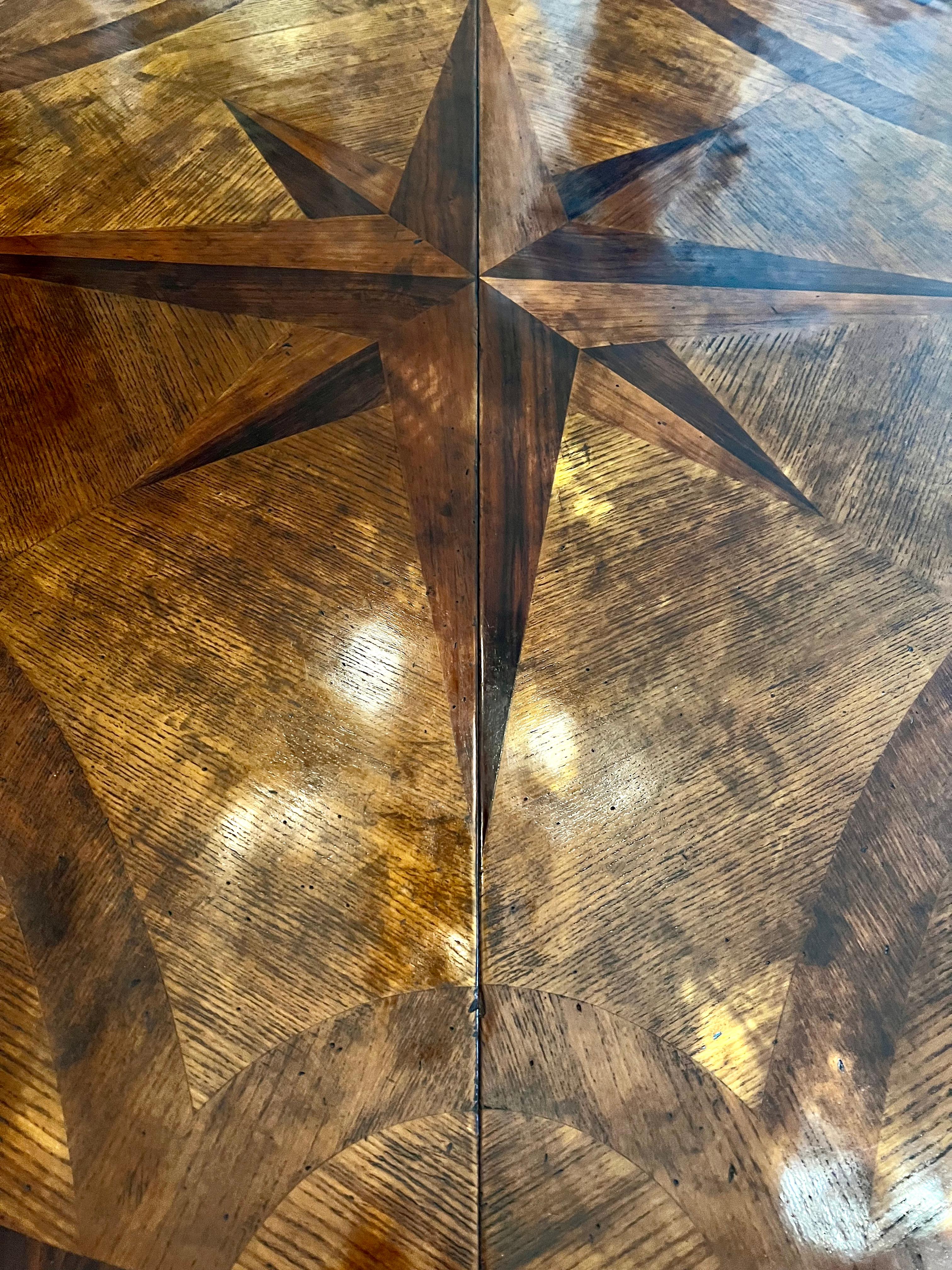 Hand Made French Expandable Multi-wood Inlay Dining Table with Eight Point Star In Good Condition In Los Angeles, CA
