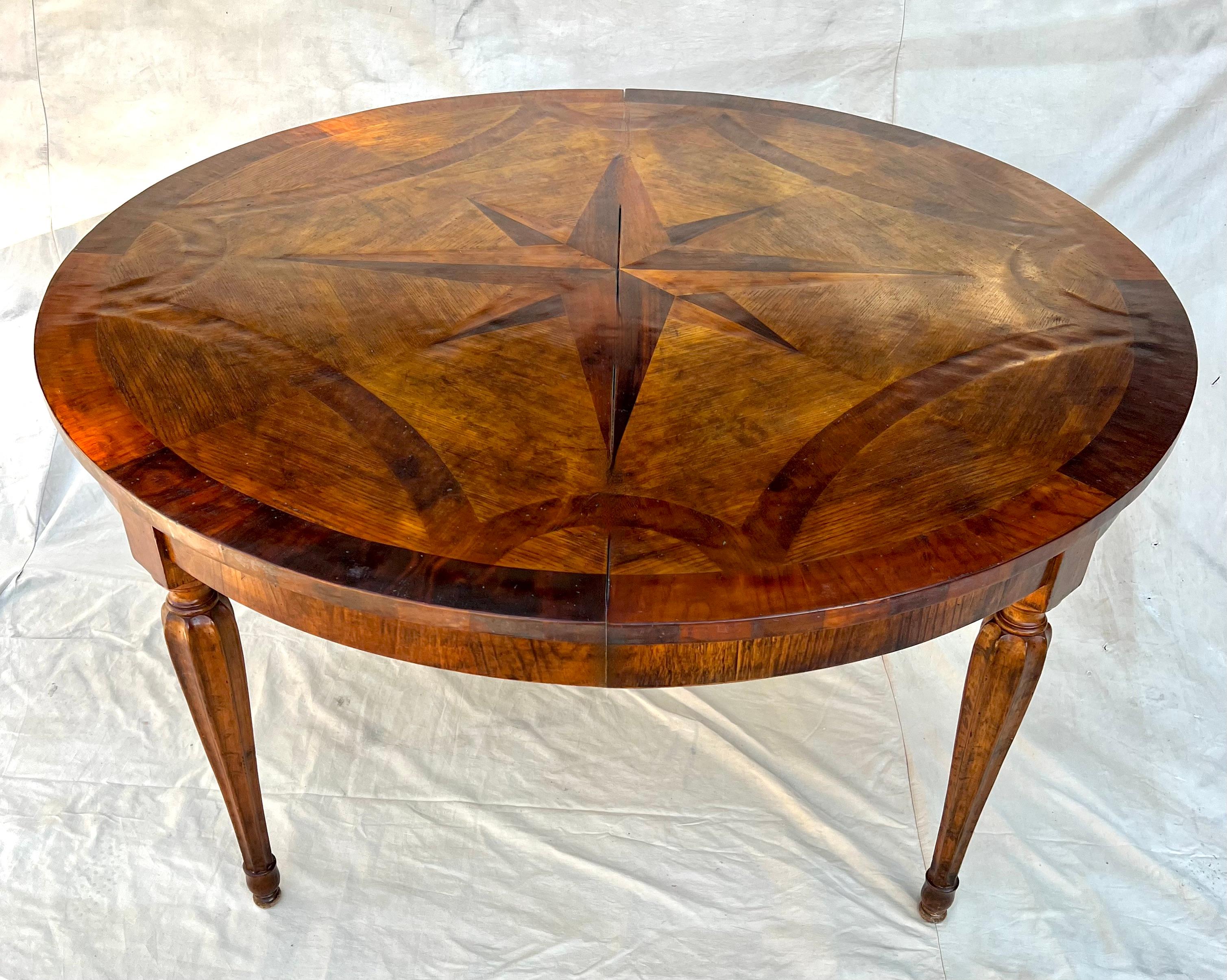 20th Century Hand Made French Expandable Multi-wood Inlay Dining Table with Eight Point Star