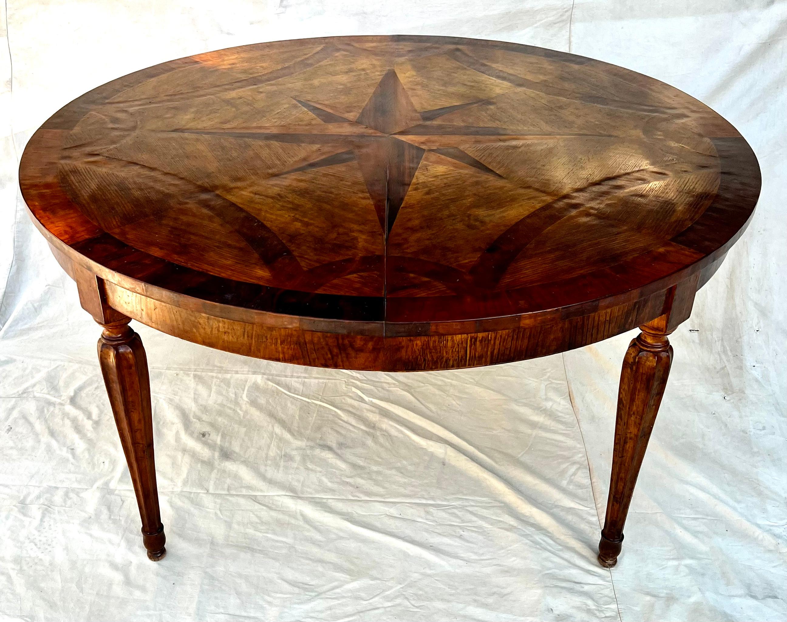 Wood Hand Made French Expandable Multi-wood Inlay Dining Table with Eight Point Star