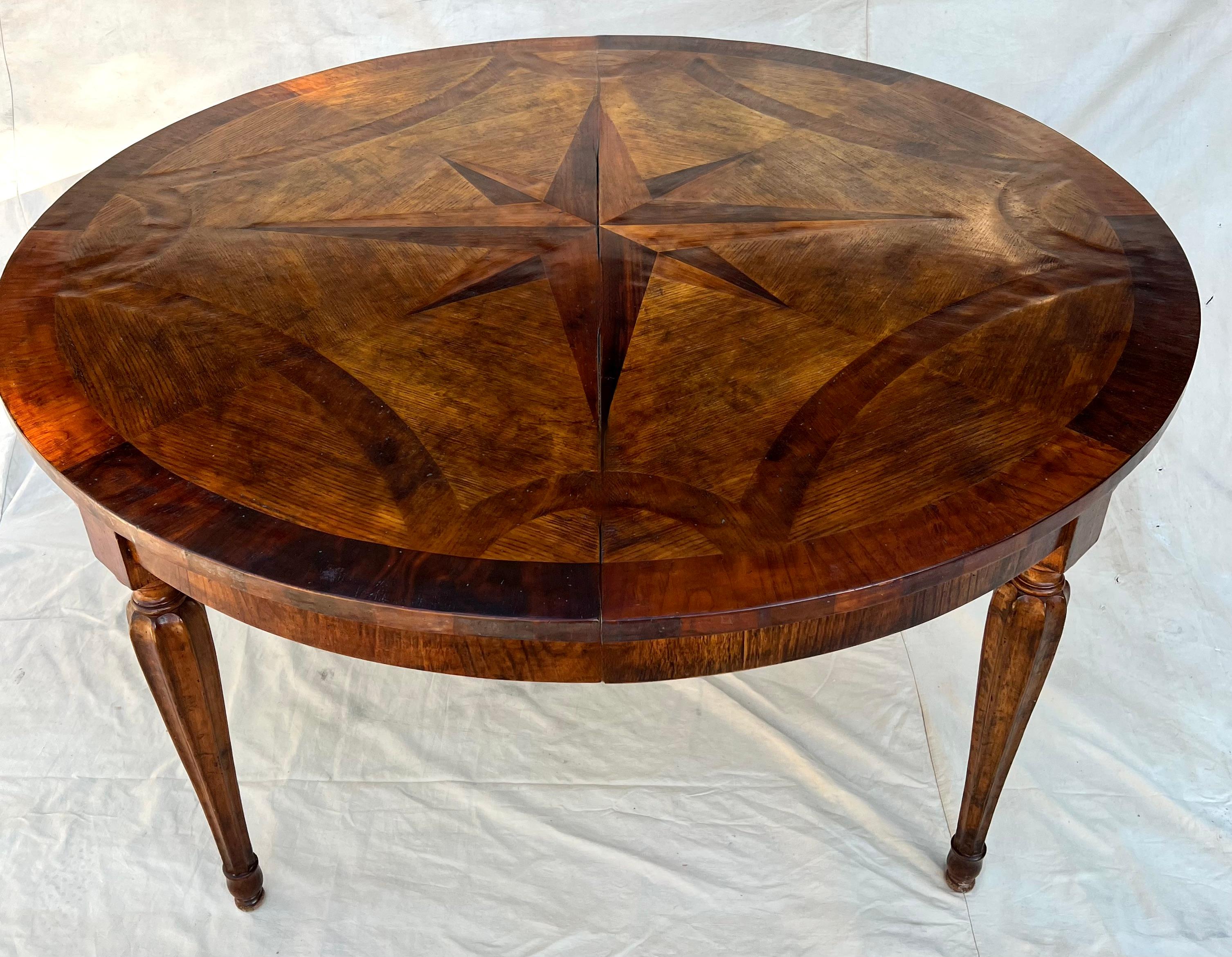 Hand Made French Expandable Multi-wood Inlay Dining Table with Eight Point Star 1