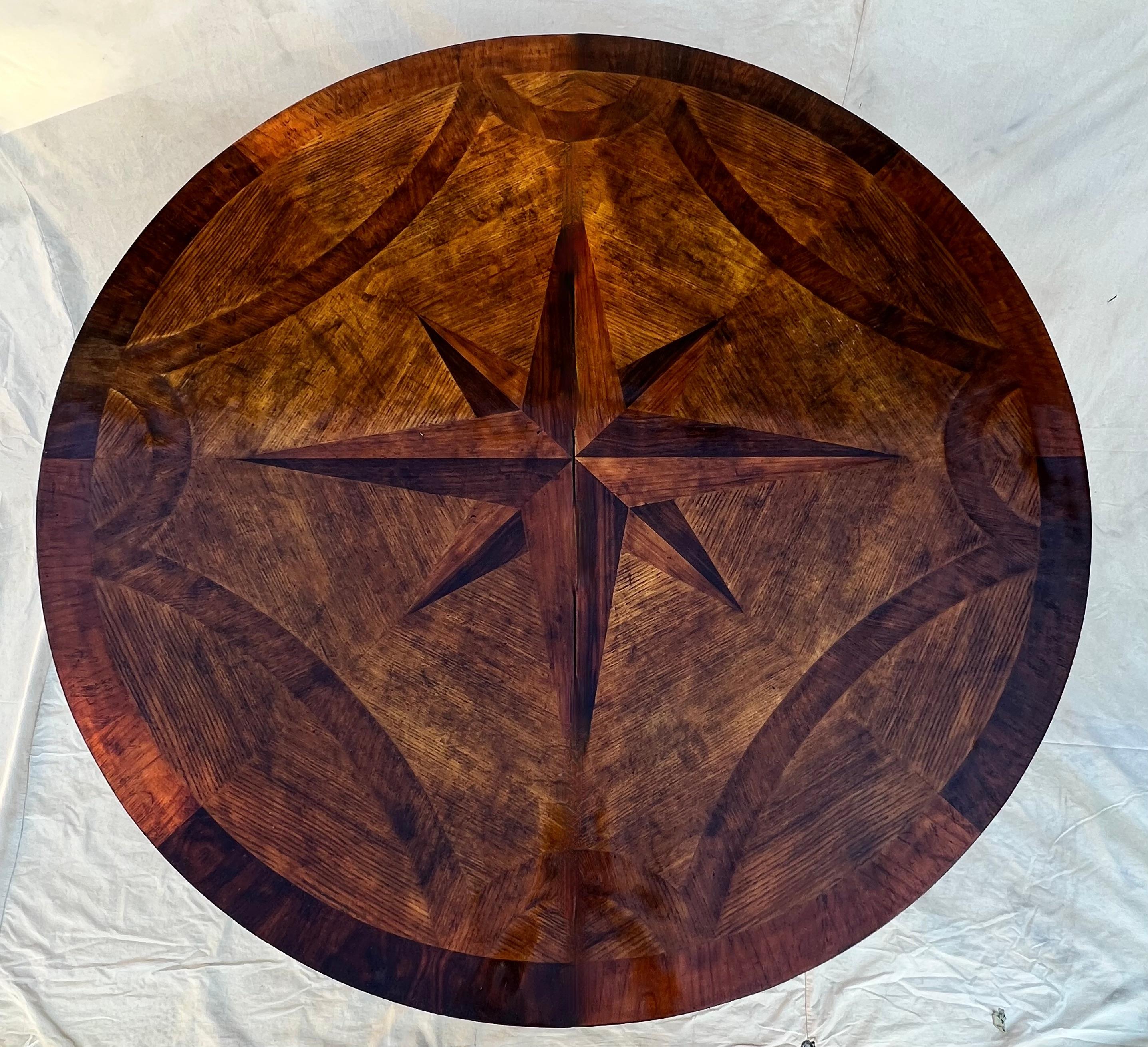 Hand Made French Expandable Multi-wood Inlay Dining Table with Eight Point Star 2