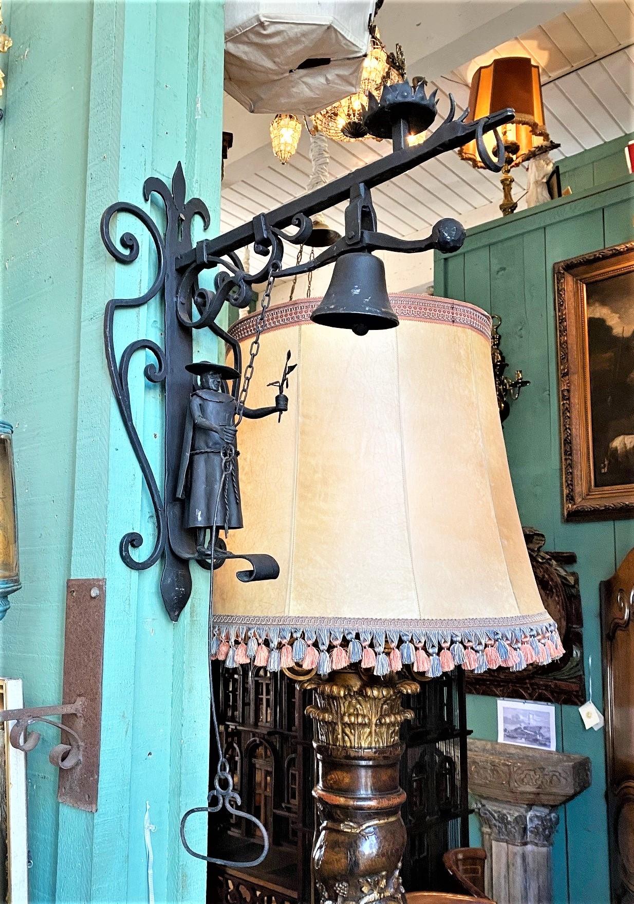 Measures: Height all the way to the handle is 33” the main body of the item itself is 24” width approx. 10 inches and depth 19 inches. A fun garden bell or doorbell wall mount bracket hand made 20th century hand crafted wrought iron entry wall mount