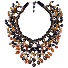 Hand Made Glass Bead Bib Choker Necklace on a Black Velvet Band circa 1950s