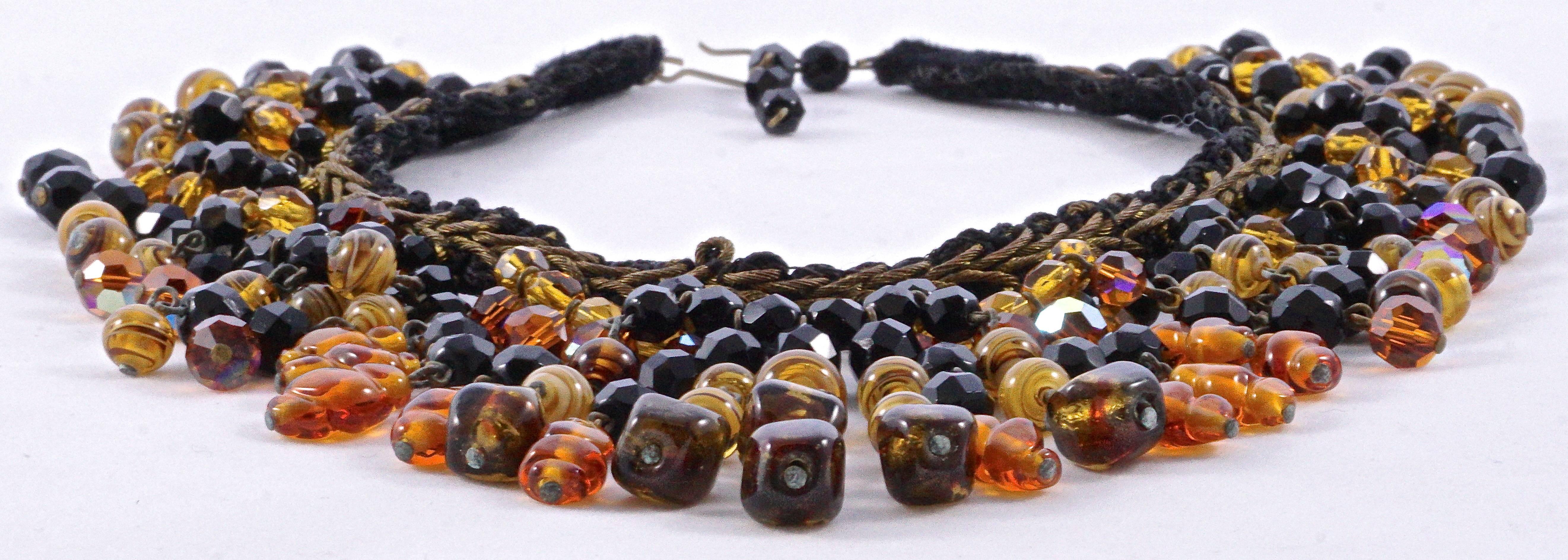 Hand Made Glass Bead Bib Choker Necklace on a Black Velvet Band circa 1950s In Good Condition In London, GB