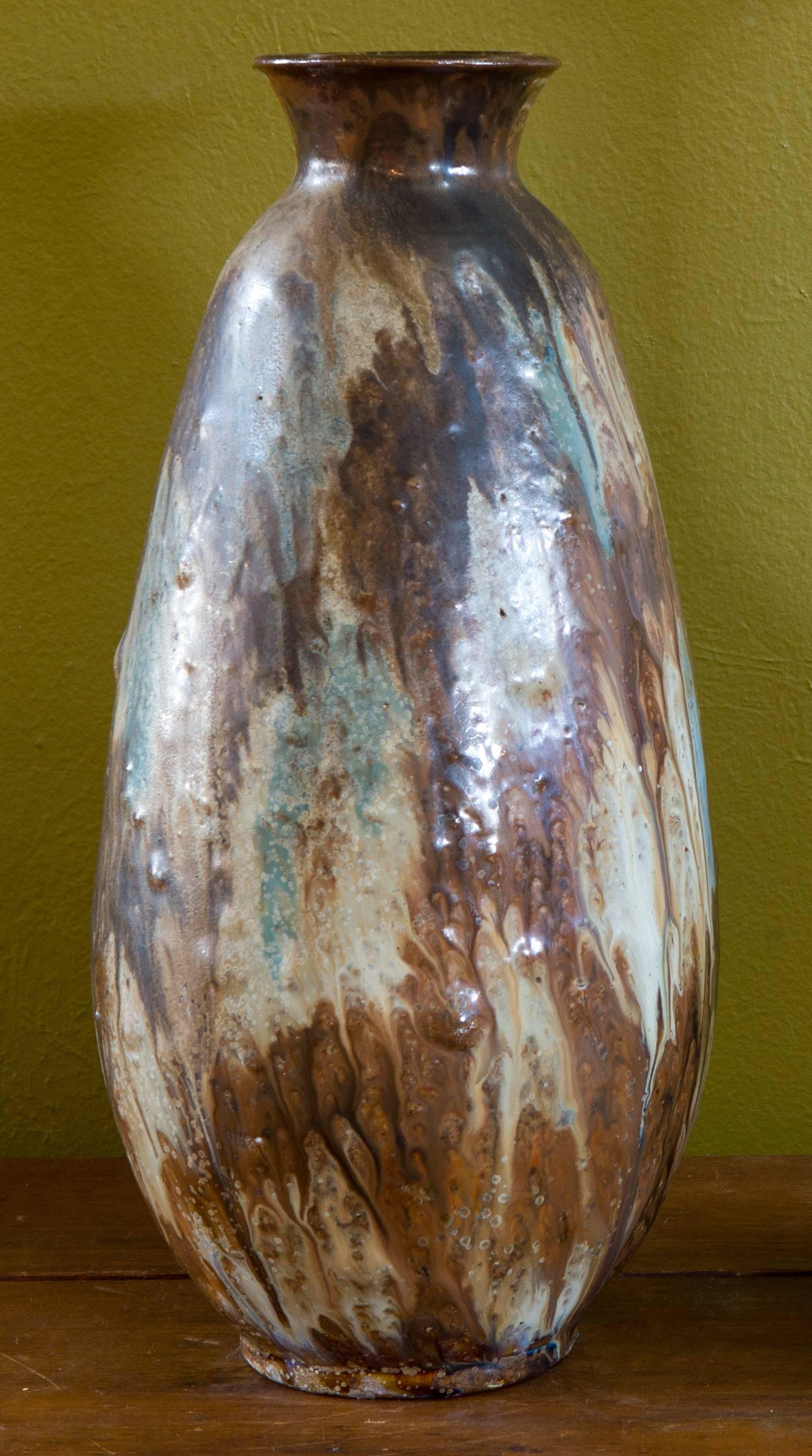 Wonderful handmade glazed pottery vase by Edgard Aubry of Bouffioulx, Belgium. Hand-signed 