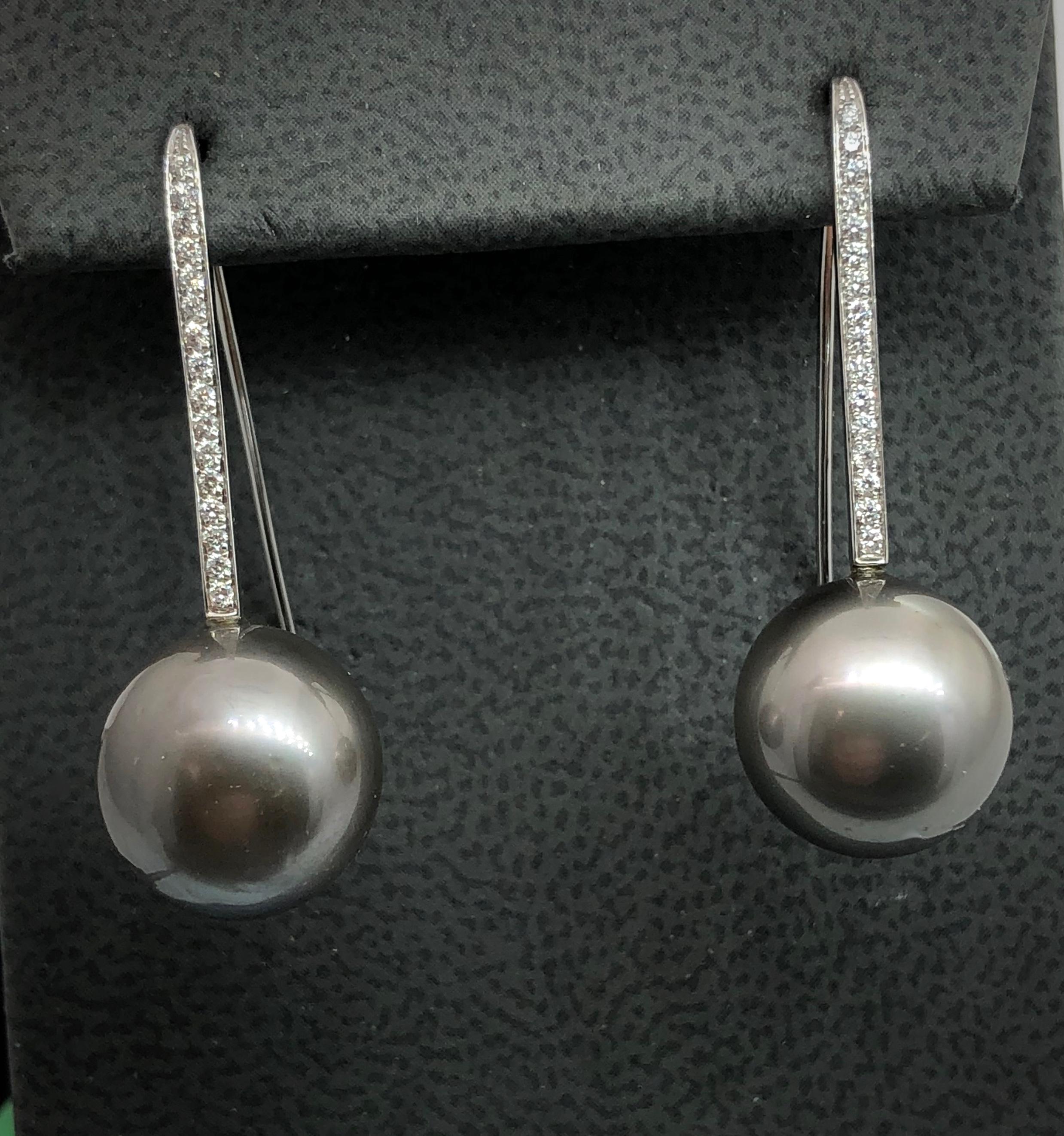 Modern Hand Made Gold Hanging Earrings with Diamonds and Black Tahitian Pearls
