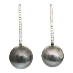 Hand Made Gold Hanging Earrings with Diamonds and Black Tahitian Pearls