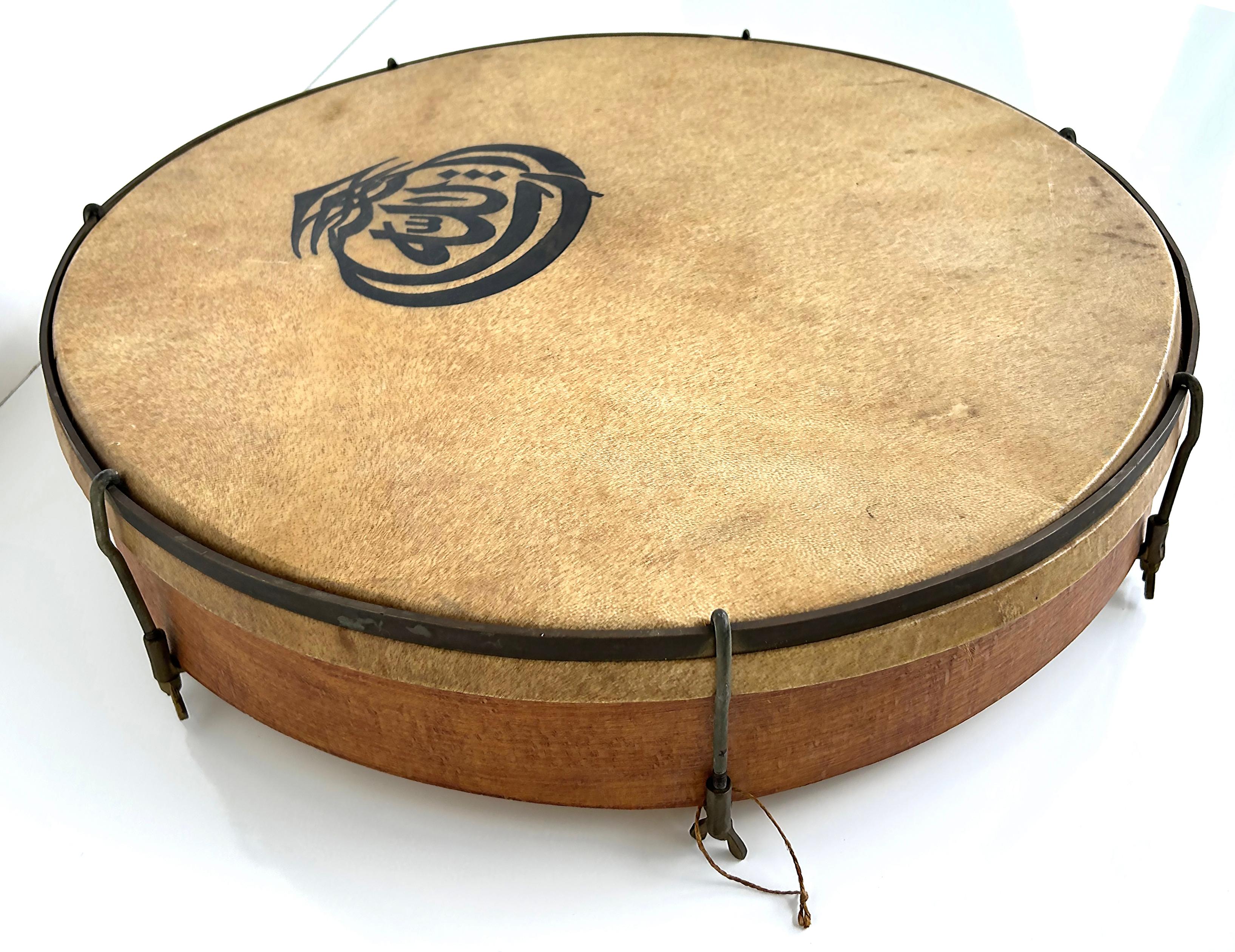 20th Century Hand-Made High-Quality Animal Skin Bentwood Drum with Ink Graphic Decoration For Sale