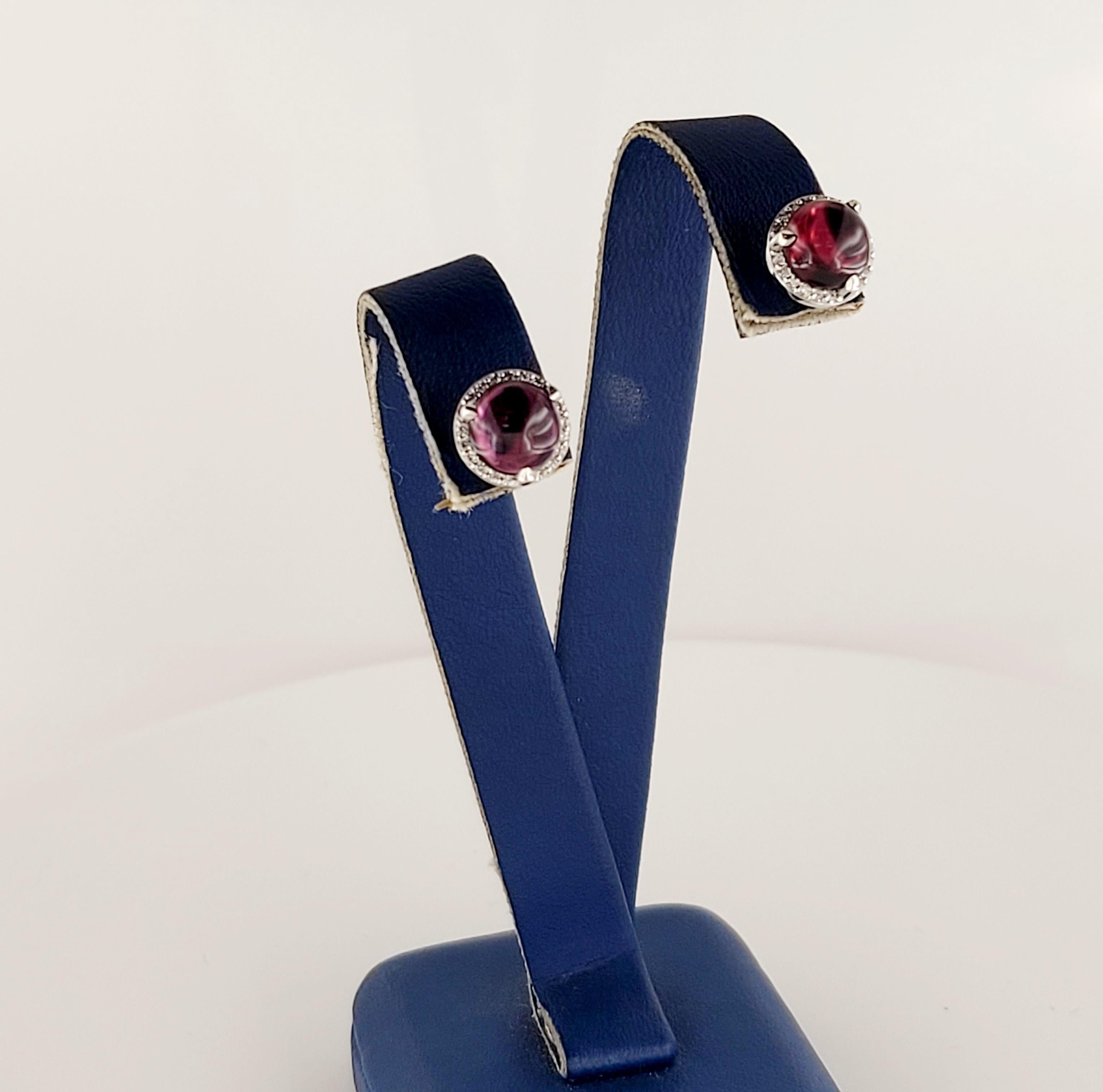 Round Cut Hand Made in 14K White Gold Garnet Earrings with Diamonds For Sale