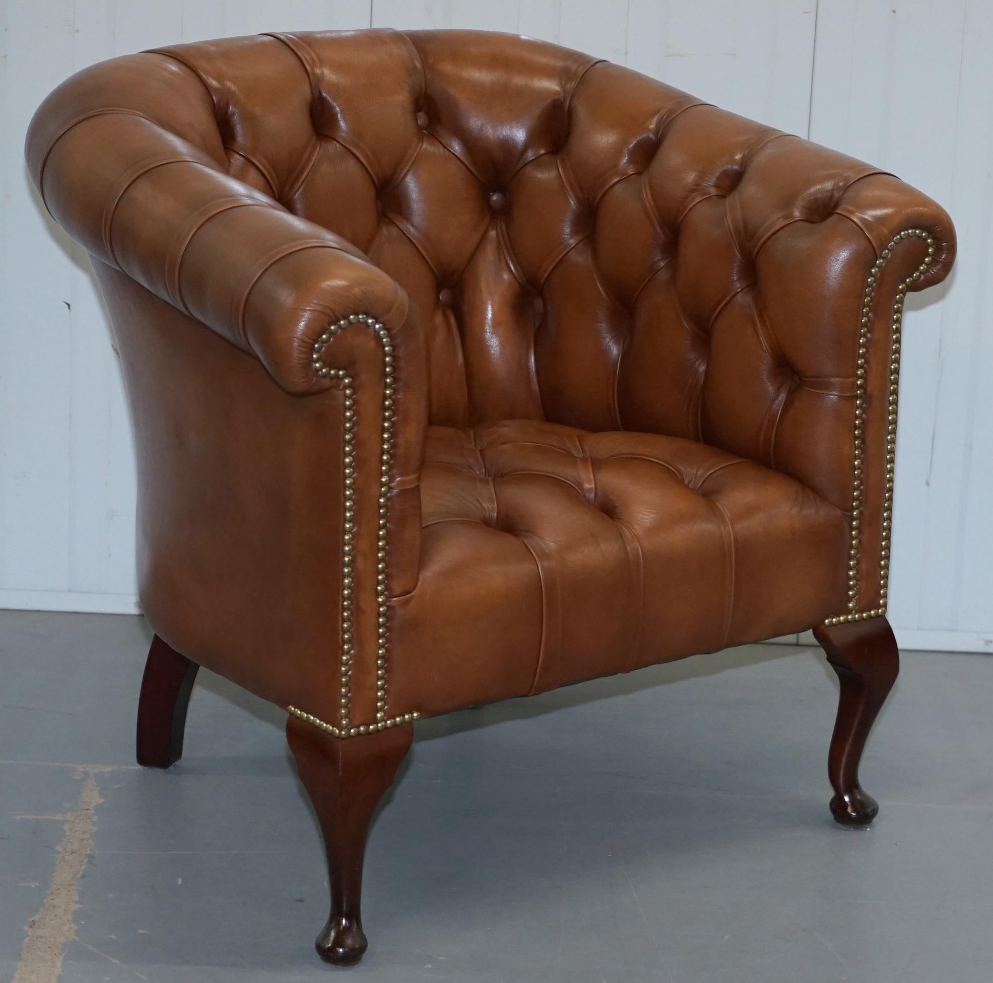 Handmade in England Chesterfield Brown Leather Tub Armchair & 2 Small Seat Sofa 3