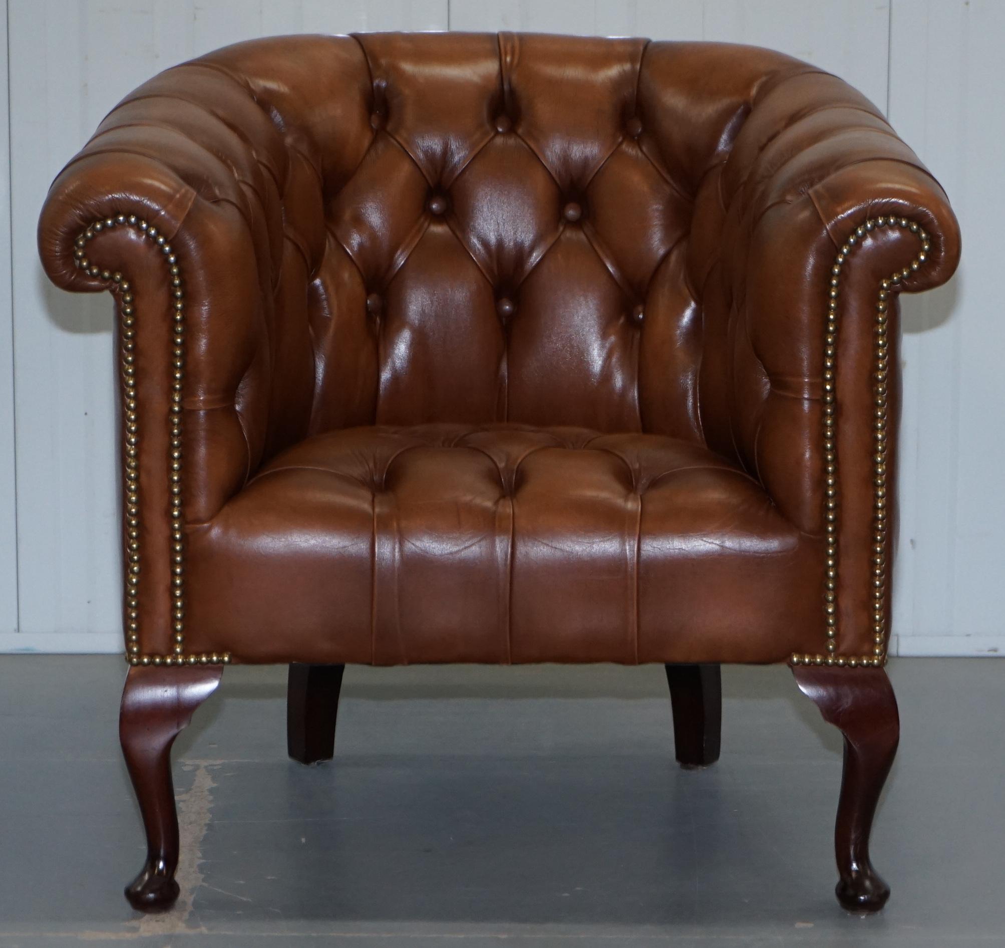 Handmade in England Chesterfield Brown Leather Tub Armchair & 2 Small Seat Sofa 5
