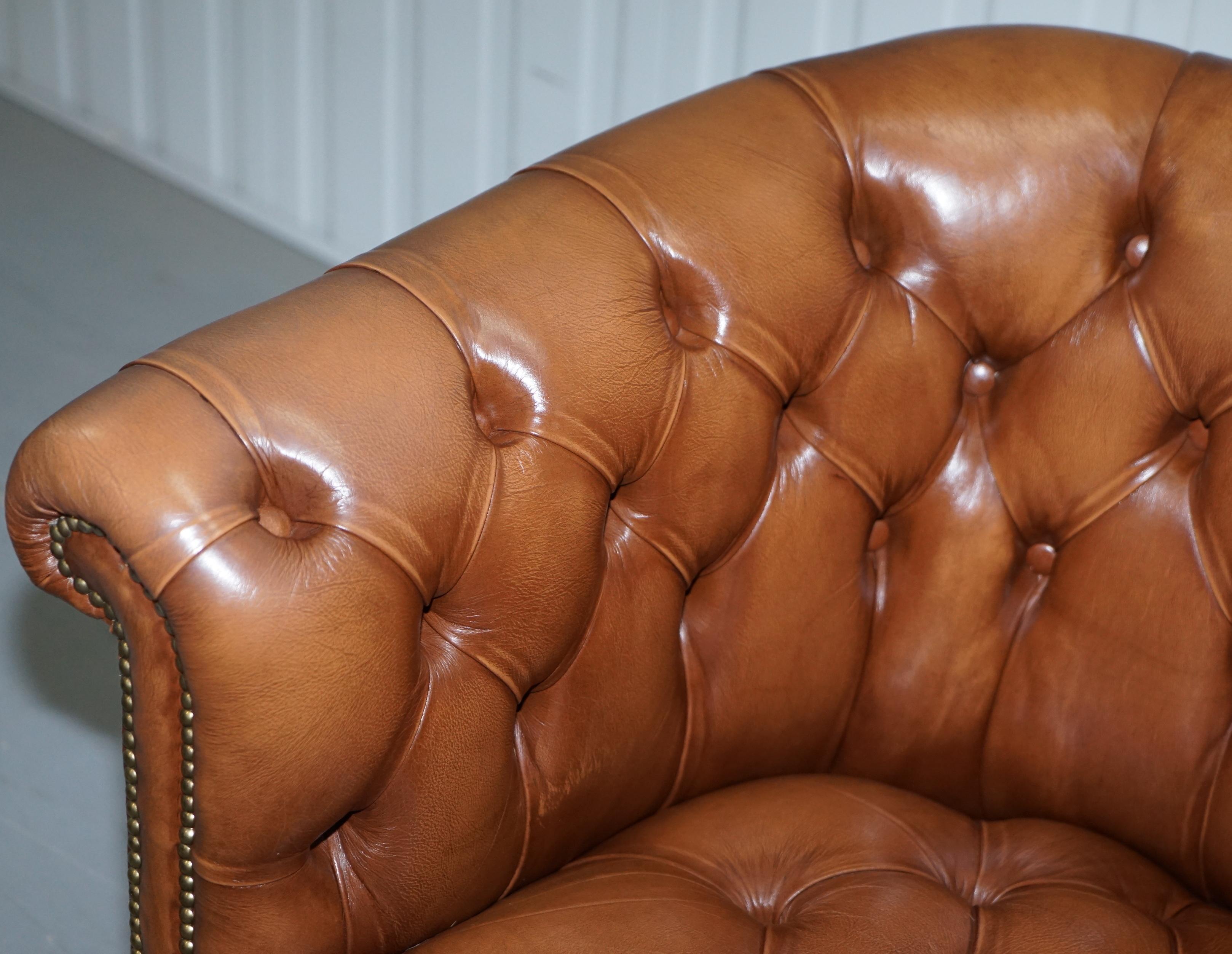 Handmade in England Chesterfield Brown Leather Tub Armchair & 2 Small Seat Sofa 6