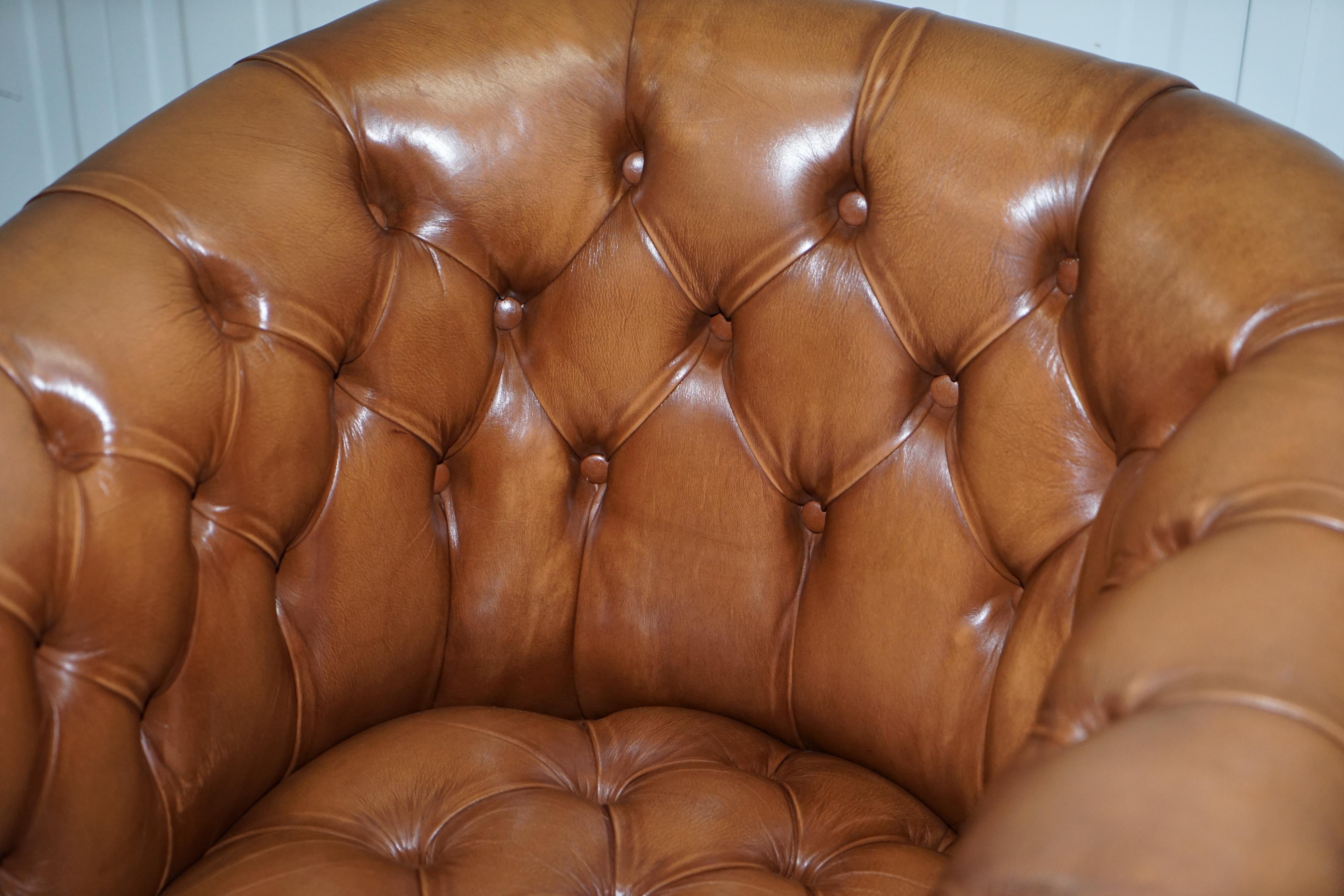 Handmade in England Chesterfield Brown Leather Tub Armchair & 2 Small Seat Sofa 8