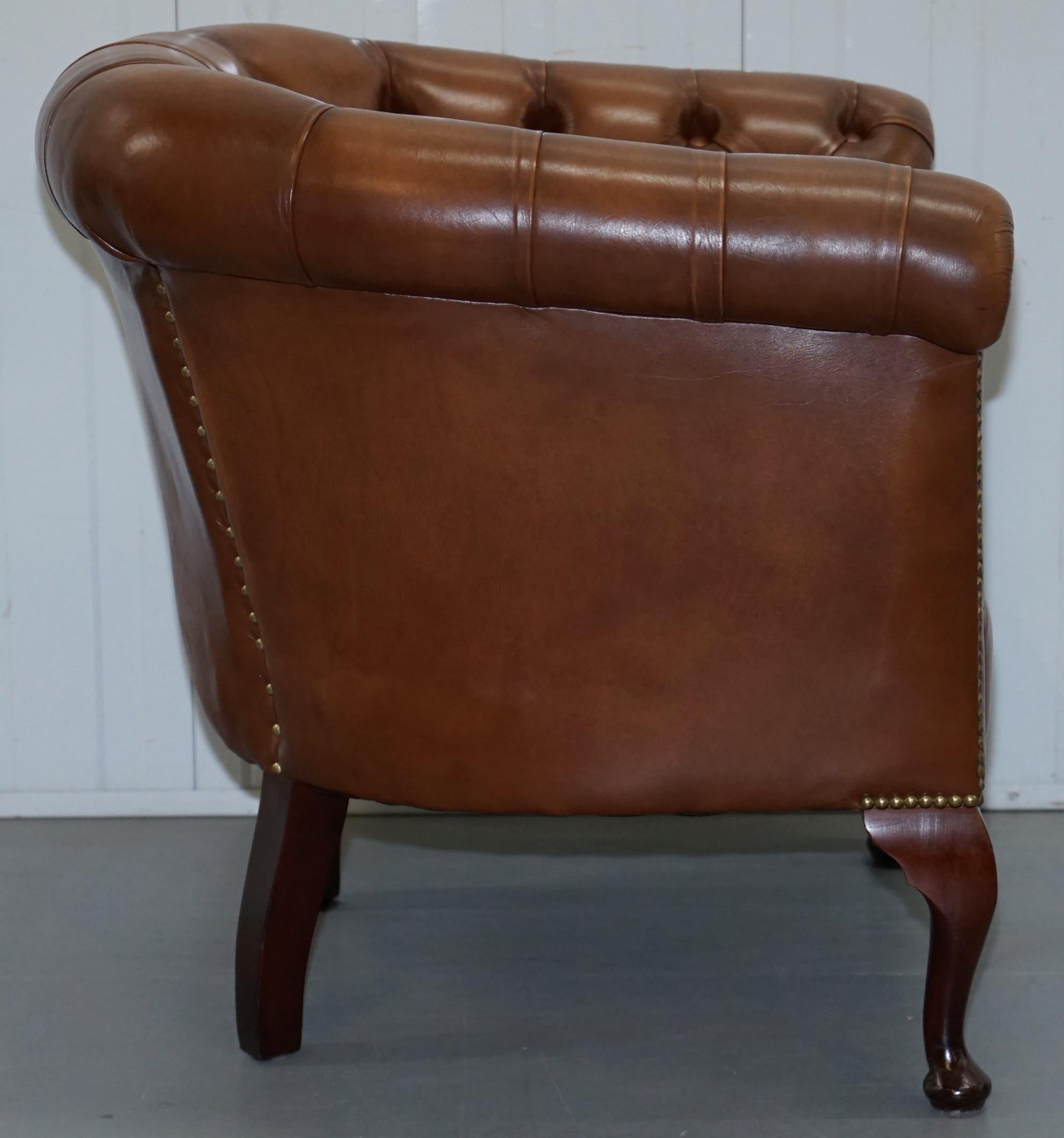 Handmade in England Chesterfield Brown Leather Tub Armchair & 2 Small Seat Sofa 11