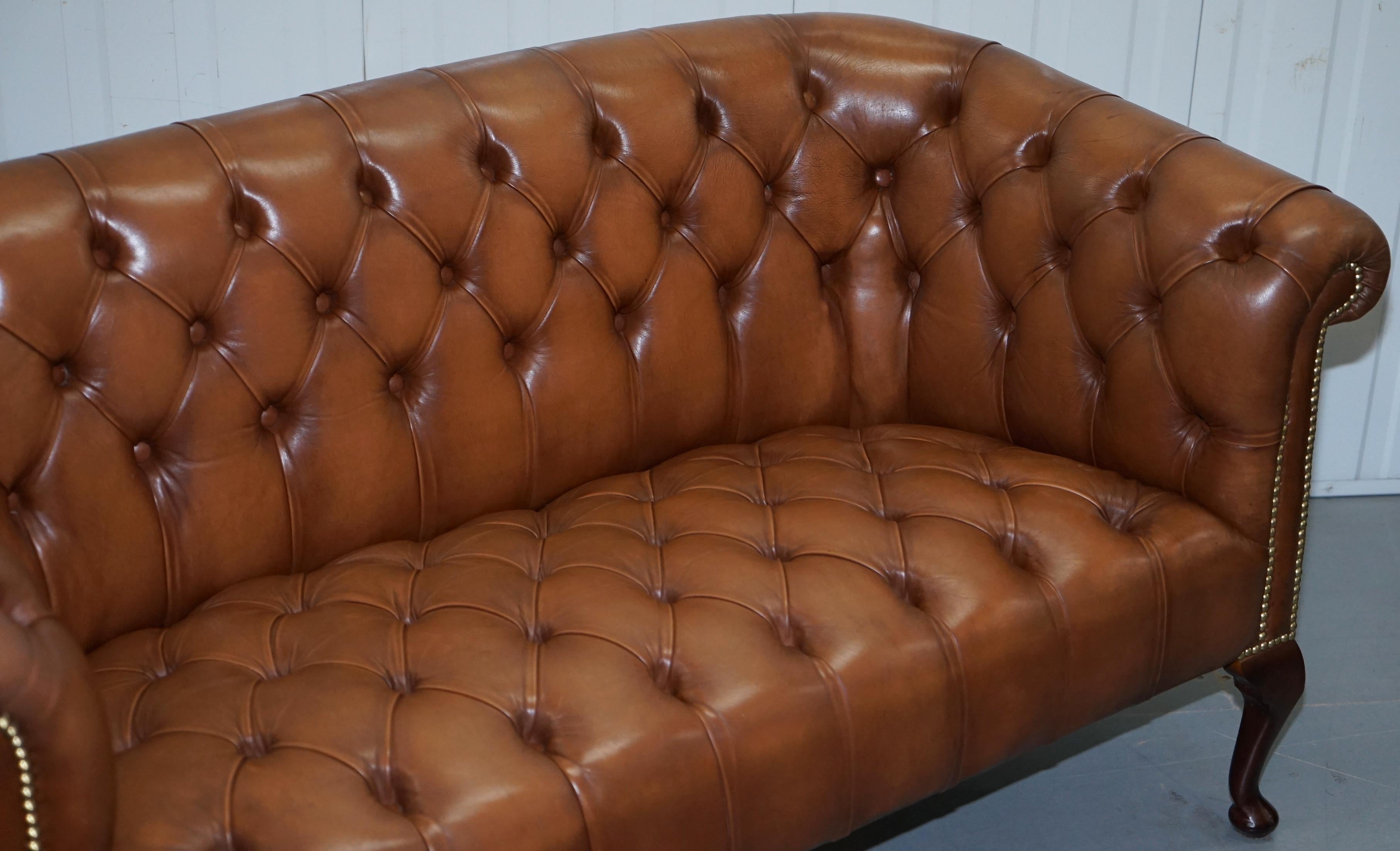 Hand-Crafted Handmade in England Chesterfield Brown Leather Tub Armchair & 2 Small Seat Sofa