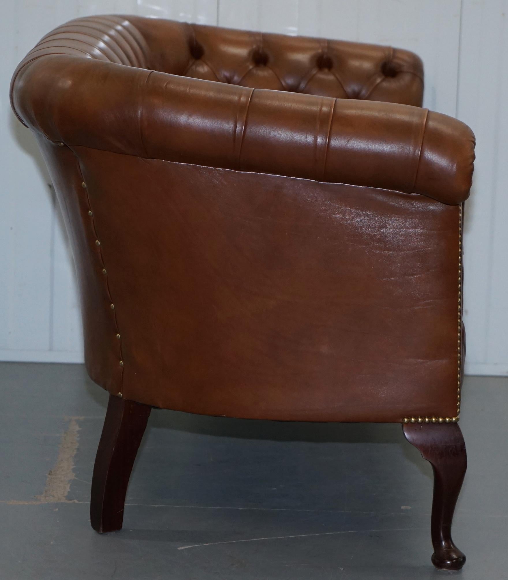 20th Century Handmade in England Chesterfield Brown Leather Tub Armchair & 2 Small Seat Sofa