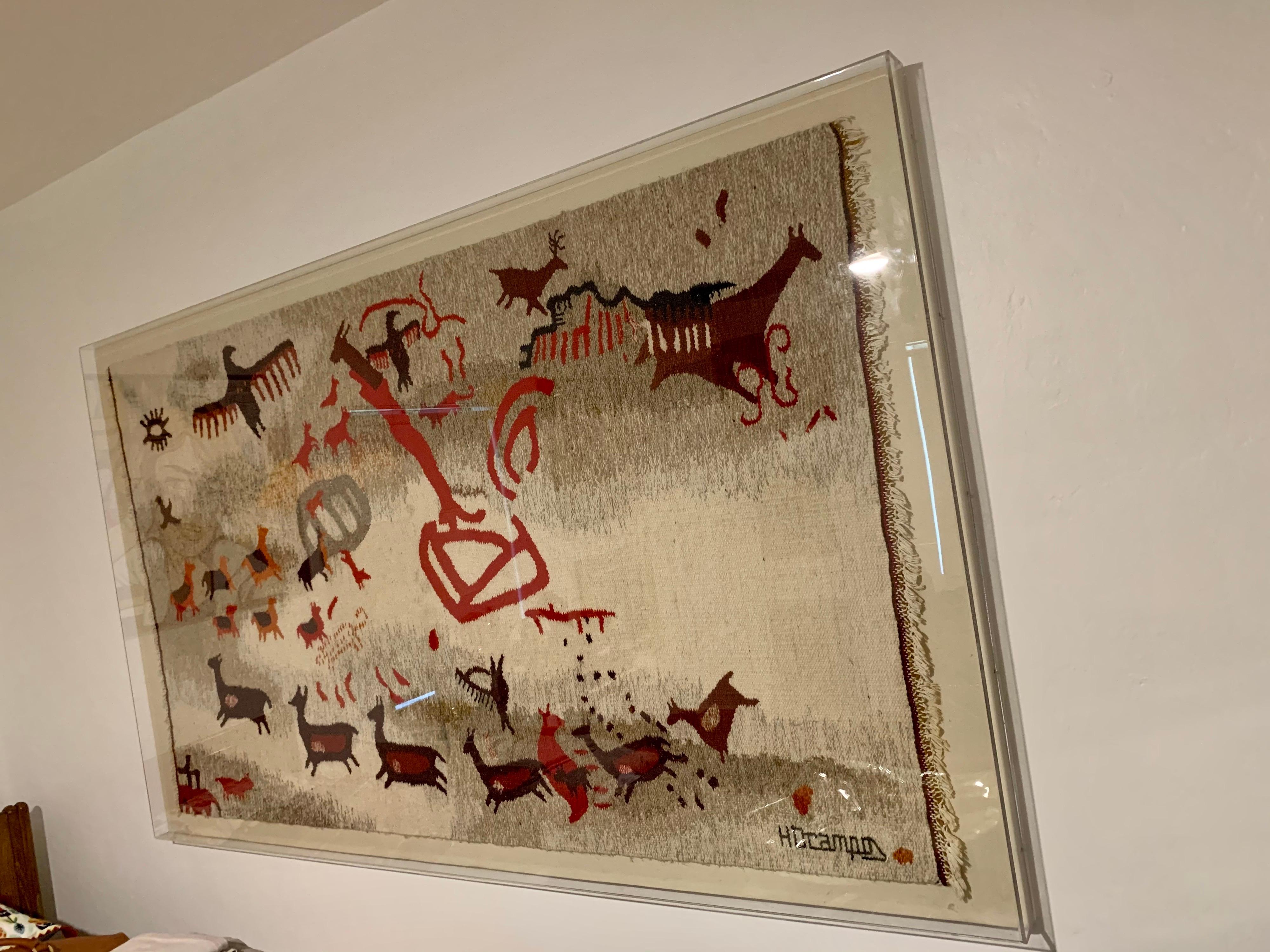 Arte popolare Tappeto di lana indigeno fatto a mano dal nord dell'Argentina, incorniciato professionalmente in vendita