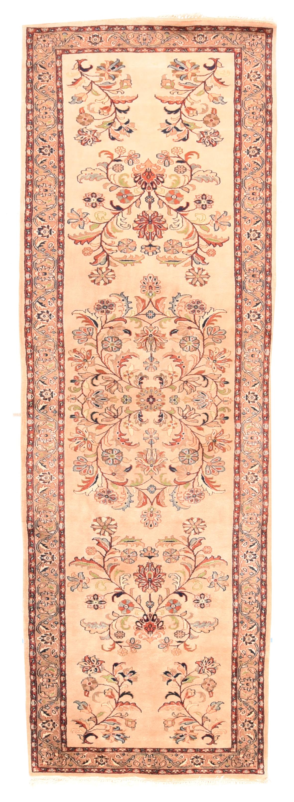 Indian Tabriz Runner 3'2'' x 11'11''. The straw ecru field spaciously displays an open four curvy stem palmette, rosette and leaf medallion with branching palmettes above and below, and further, en suite single stem flowers in the corners. Straw,