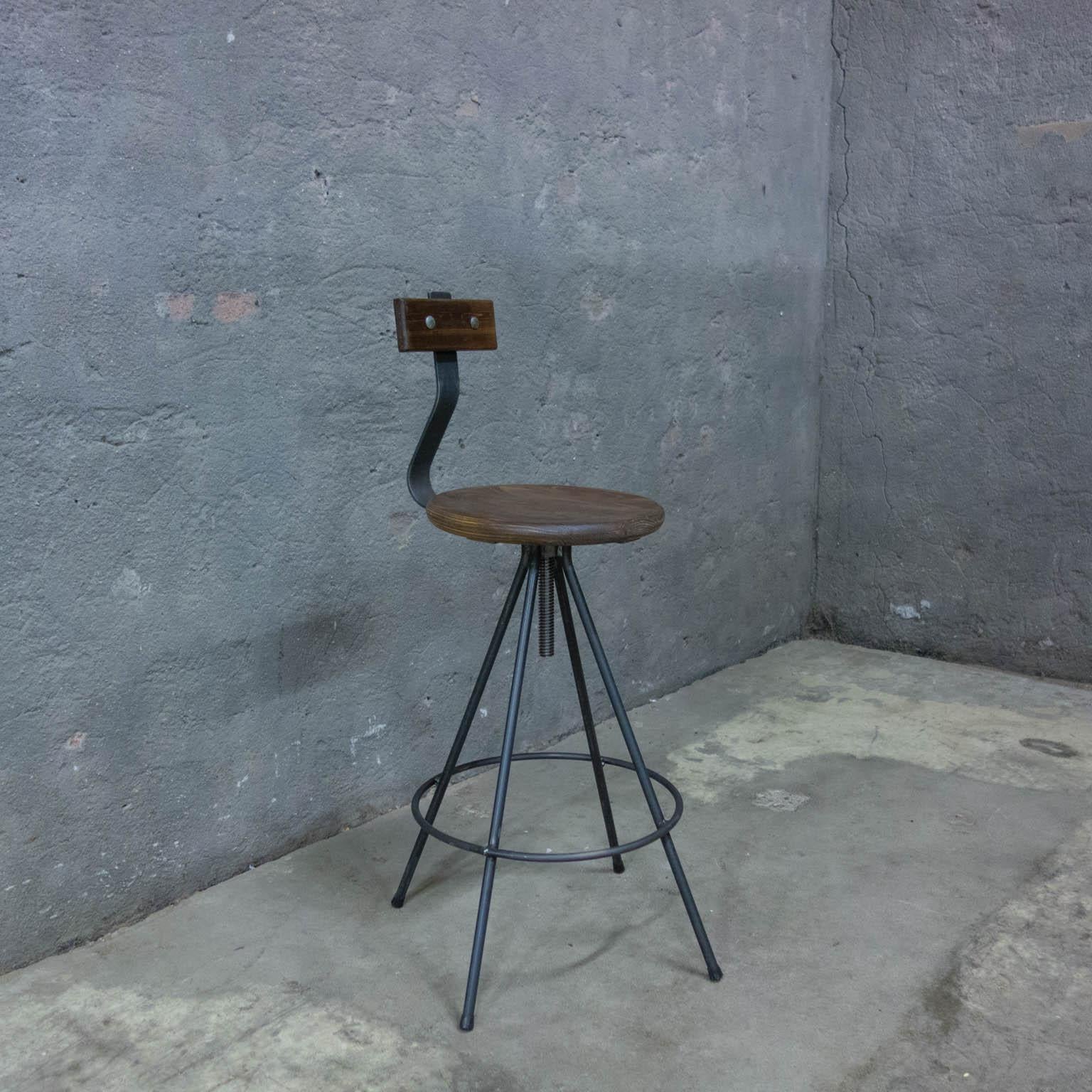 Handmade Industrial Bar Stools with Back and Spindle For Sale 8