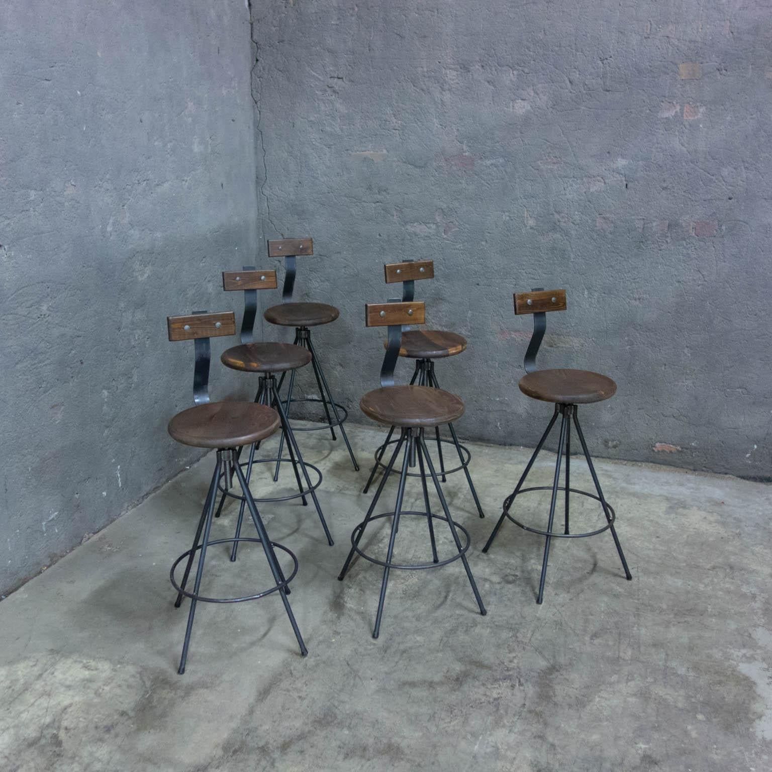 Dutch Handmade Industrial Bar Stools with Back and Spindle For Sale