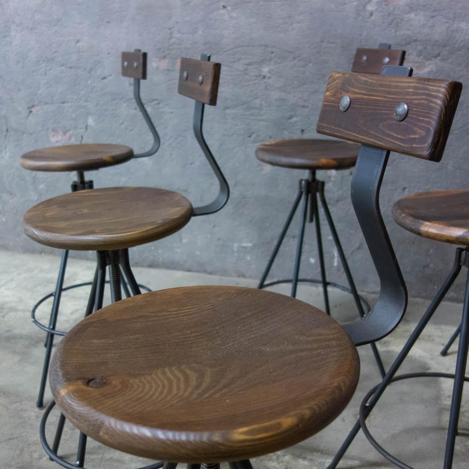 Hand-Carved Handmade Industrial Bar Stools with Back and Spindle For Sale